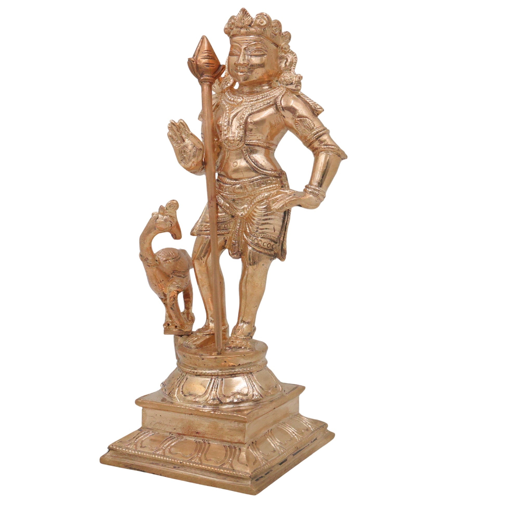 Murugan Kartikeya Subrahmanya Shanmukha Swaminatha Palani Andavar Vel Murugan Panchaloha Panchadhatu Bronze Murti Skanda Kumara Senthil Arumuga Handmade Chola Art South India Idol Statue, Gold, 8.5 Inch, 1 Piece