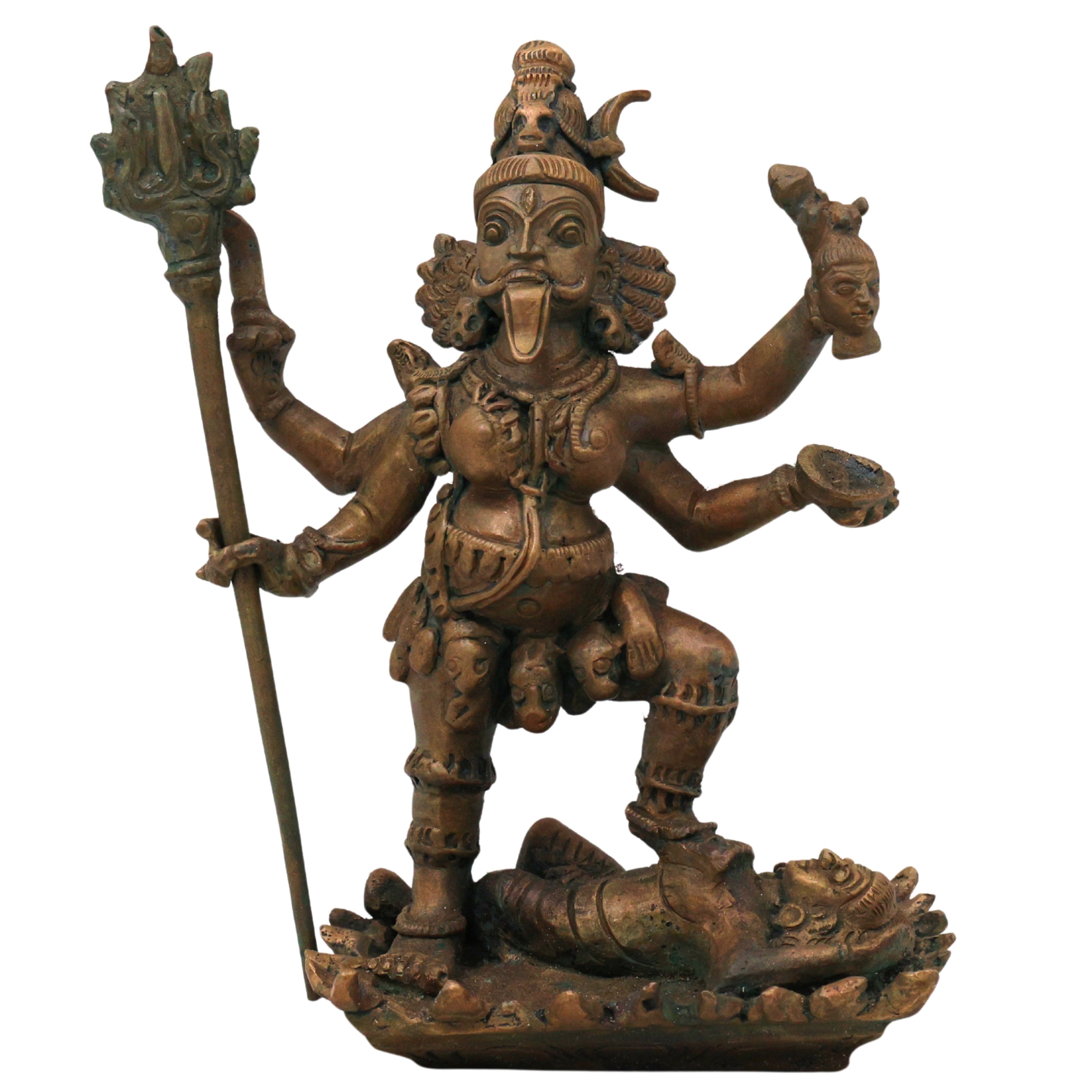 Bronze Maha Kali Idol Mahakali Kalika Dakshina Kali Bhadrakali Chamundi Kali Mata Murti Panchaloha Style Chola Art Handmade Kali Amman Kalikambal Vigraha for Puja Mandir Decor Temple Statue, Brown, 6.5 Inch, 1 Piece