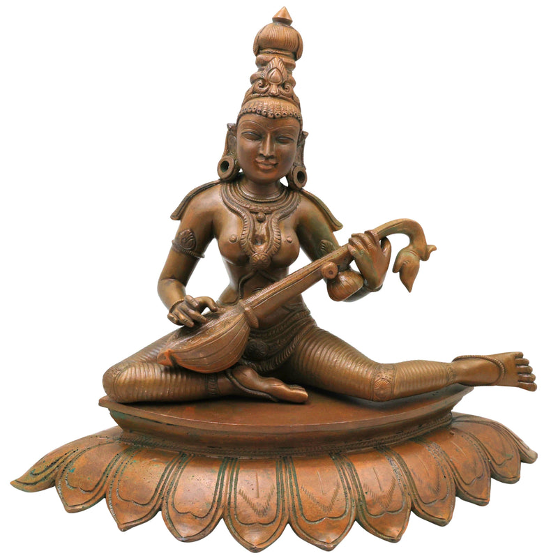 Bronze Saraswati Idol Sharada Sharadamba Vagdevi Vani Bharati Brahmi Veena Vadini Hamsa Vahini Vidya Saraswati Jnana Saraswati Murti Statue for Pooja Temple Decor, Brown, 12.5 Inch, 1 Piece