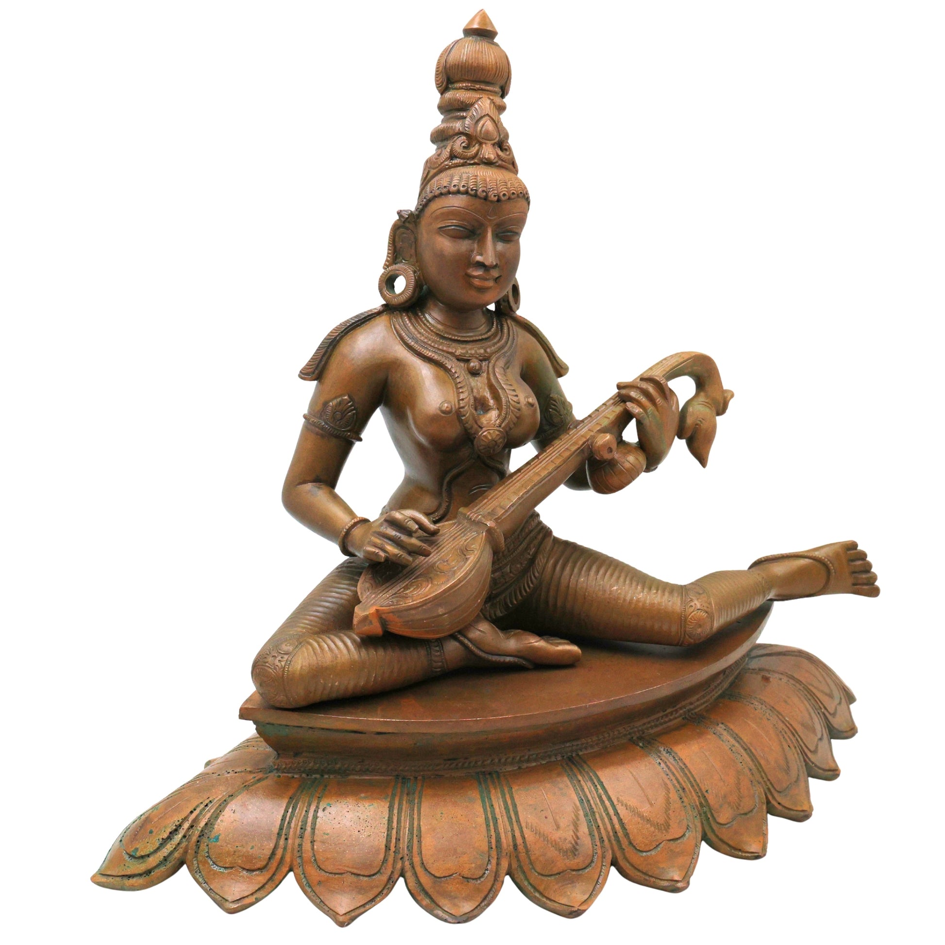 Bronze Saraswati Idol Sharada Sharadamba Vagdevi Vani Bharati Brahmi Veena Vadini Hamsa Vahini Vidya Saraswati Jnana Saraswati Murti Statue for Pooja Temple Decor, Brown, 12.5 Inch, 1 Piece