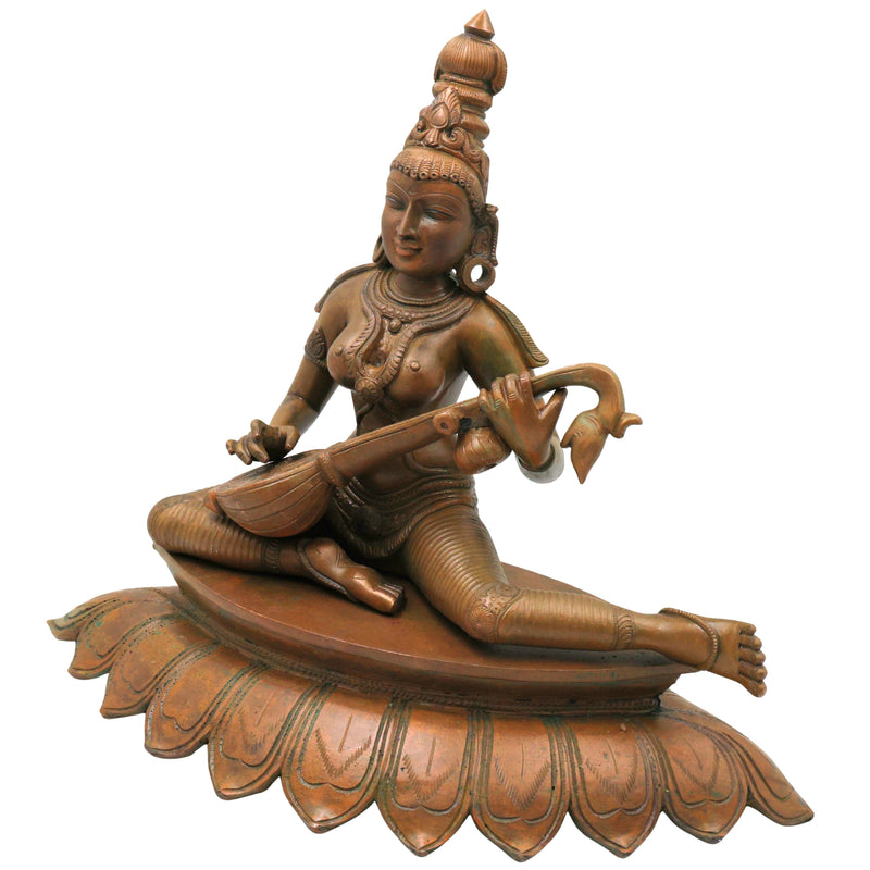 Bronze Saraswati Idol Sharada Sharadamba Vagdevi Vani Bharati Brahmi Veena Vadini Hamsa Vahini Vidya Saraswati Jnana Saraswati Murti Statue for Pooja Temple Decor, Brown, 12.5 Inch, 1 Piece