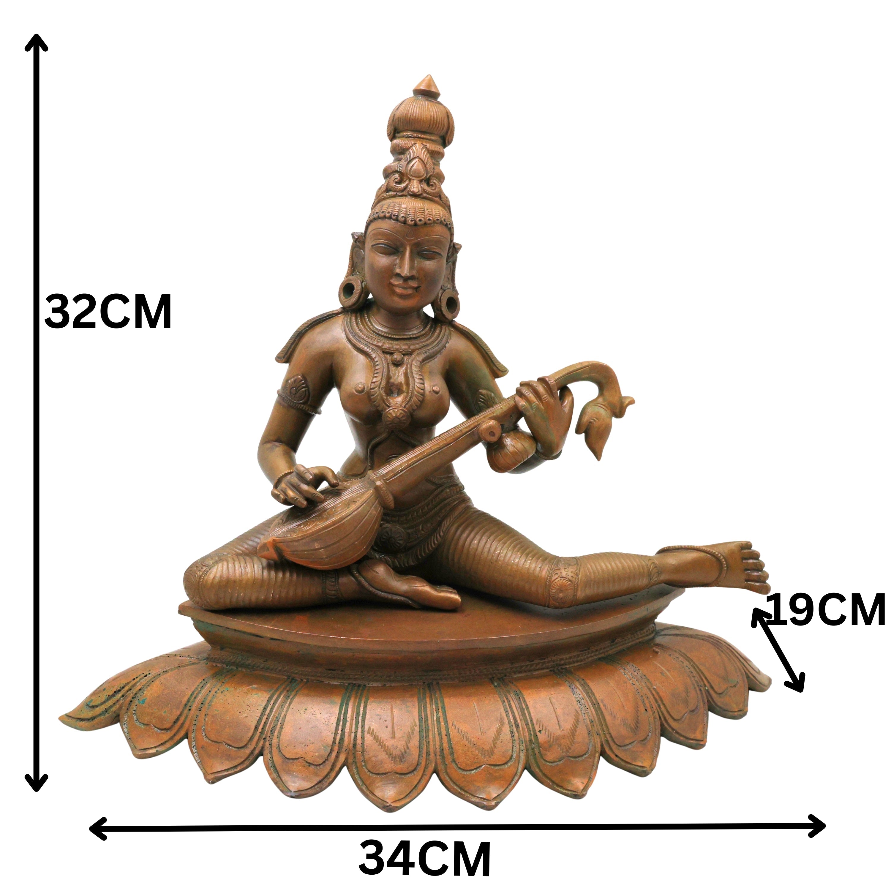 Bronze Saraswati Idol Sharada Sharadamba Vagdevi Vani Bharati Brahmi Veena Vadini Hamsa Vahini Vidya Saraswati Jnana Saraswati Murti Statue for Pooja Temple Decor, Brown, 12.5 Inch, 1 Piece