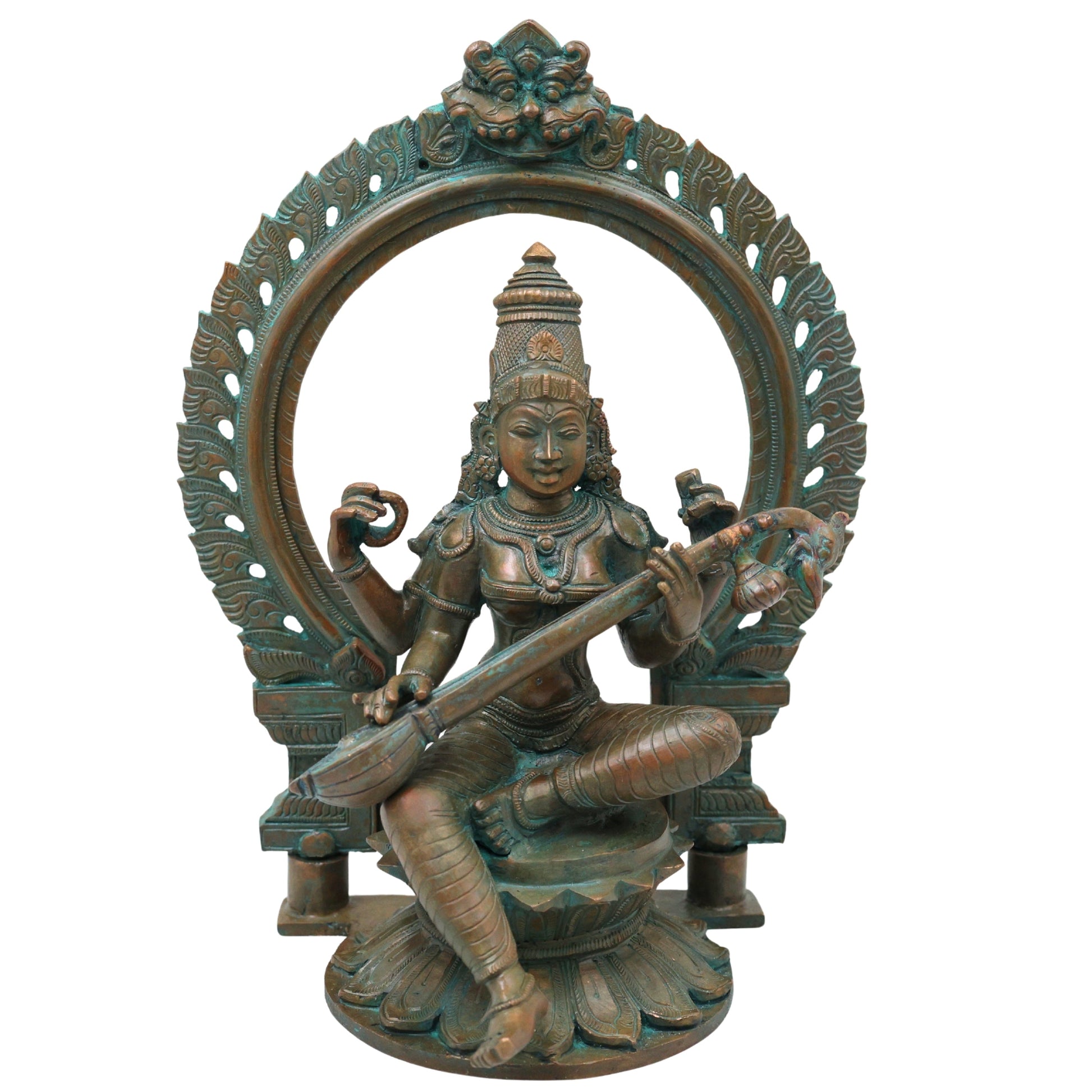 Bronze Saraswati Idol Veena Vadini Hamsa Vahini Sharada Vani Vagdevi Vidya Saraswati Murti Statue for Home Temple Worship and Decor, Brown, 12.5 Inch, 1 Piece