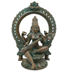 Bronze Saraswati Idol Veena Vadini Hamsa Vahini Sharada Vani Vagdevi Vidya Saraswati Murti Statue for Home Temple Worship and Decor, Brown, 12.5 Inch, 1 Piece