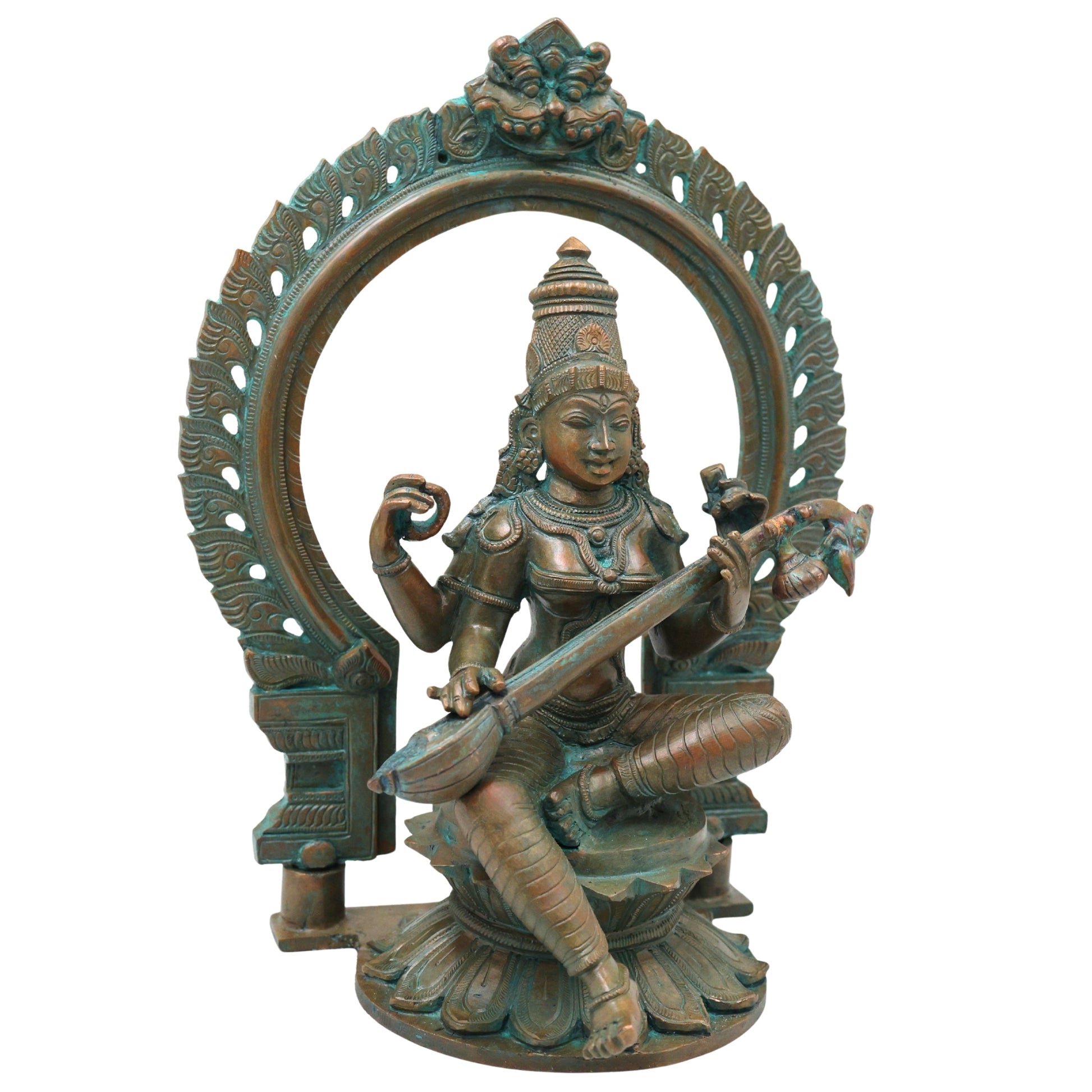 Bronze Saraswati Idol Veena Vadini Hamsa Vahini Sharada Vani Vagdevi Vidya Saraswati Murti Statue for Home Temple Worship and Decor, Brown, 12.5 Inch, 1 Piece