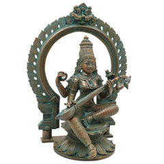 Bronze Saraswati Idol Veena Vadini Hamsa Vahini Sharada Vani Vagdevi Vidya Saraswati Murti Statue for Home Temple Worship and Decor, Brown, 12.5 Inch, 1 Piece