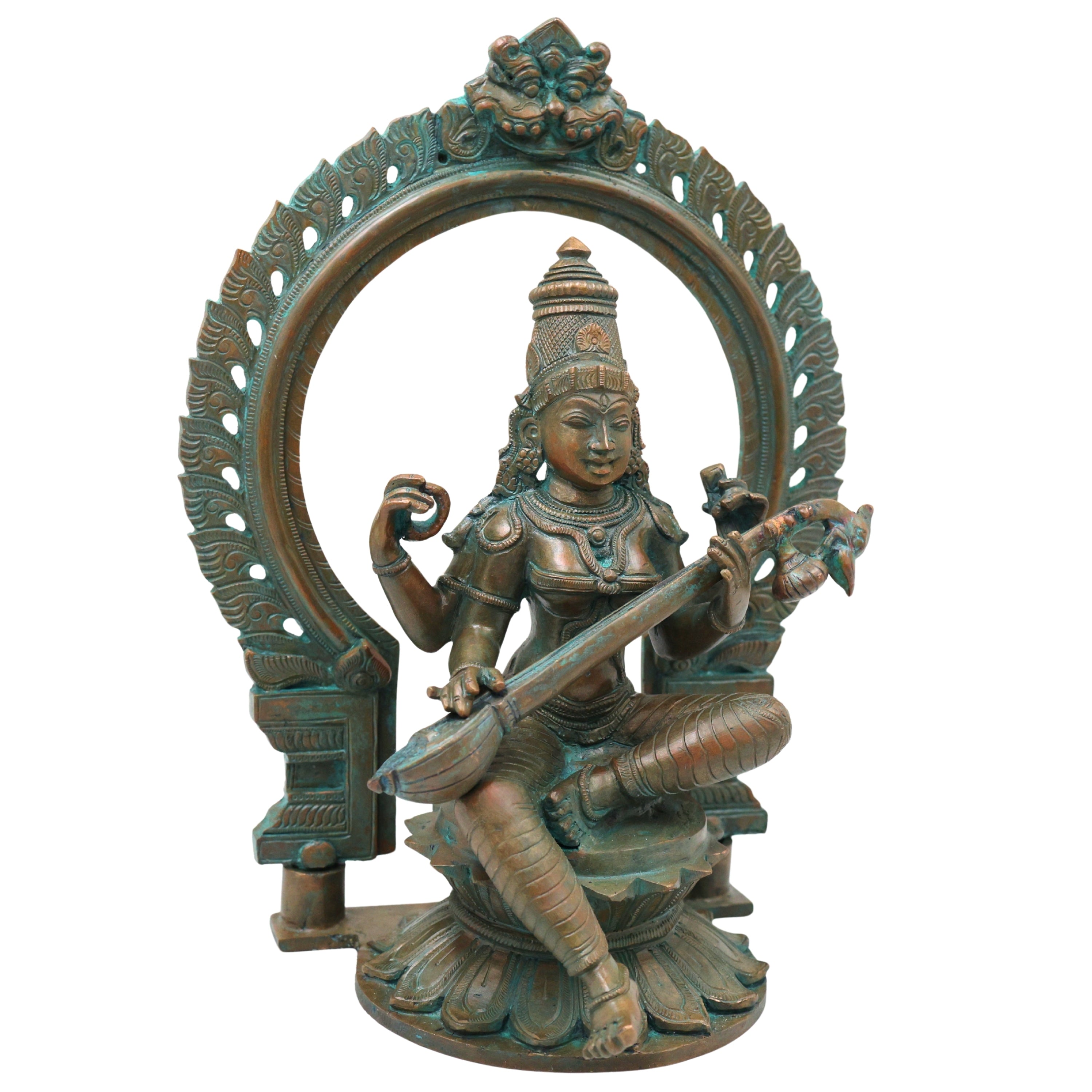 Bronze Saraswati Idol Veena Vadini Hamsa Vahini Sharada Vani Vagdevi Vidya Saraswati Murti Statue for Home Temple Worship and Decor, Brown, 12.5 Inch, 1 Piece