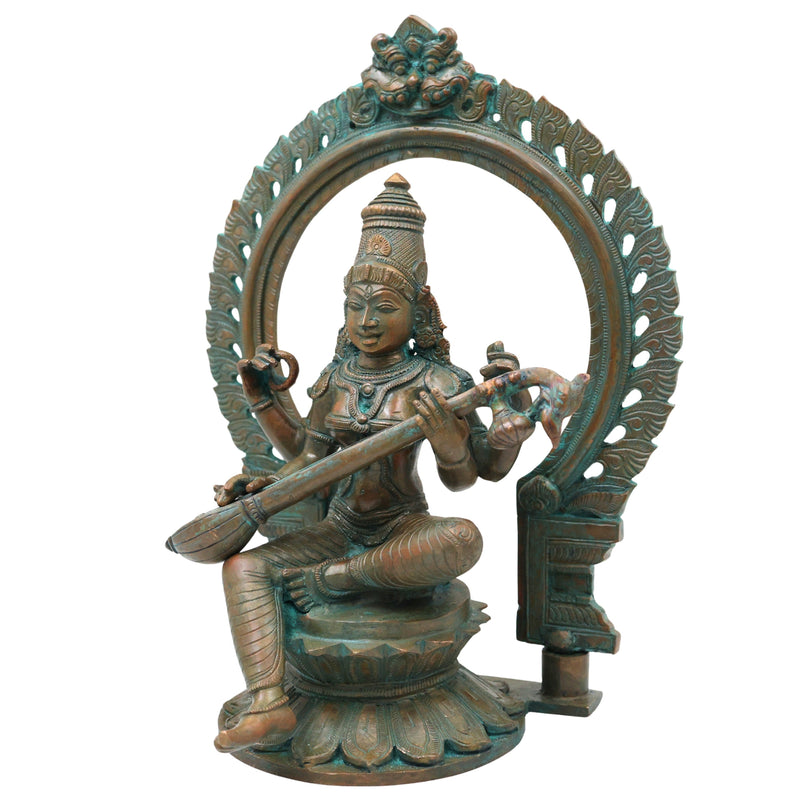 Bronze Saraswati Idol Veena Vadini Hamsa Vahini Sharada Vani Vagdevi Vidya Saraswati Murti Statue for Home Temple Worship and Decor, Brown, 12.5 Inch, 1 Piece