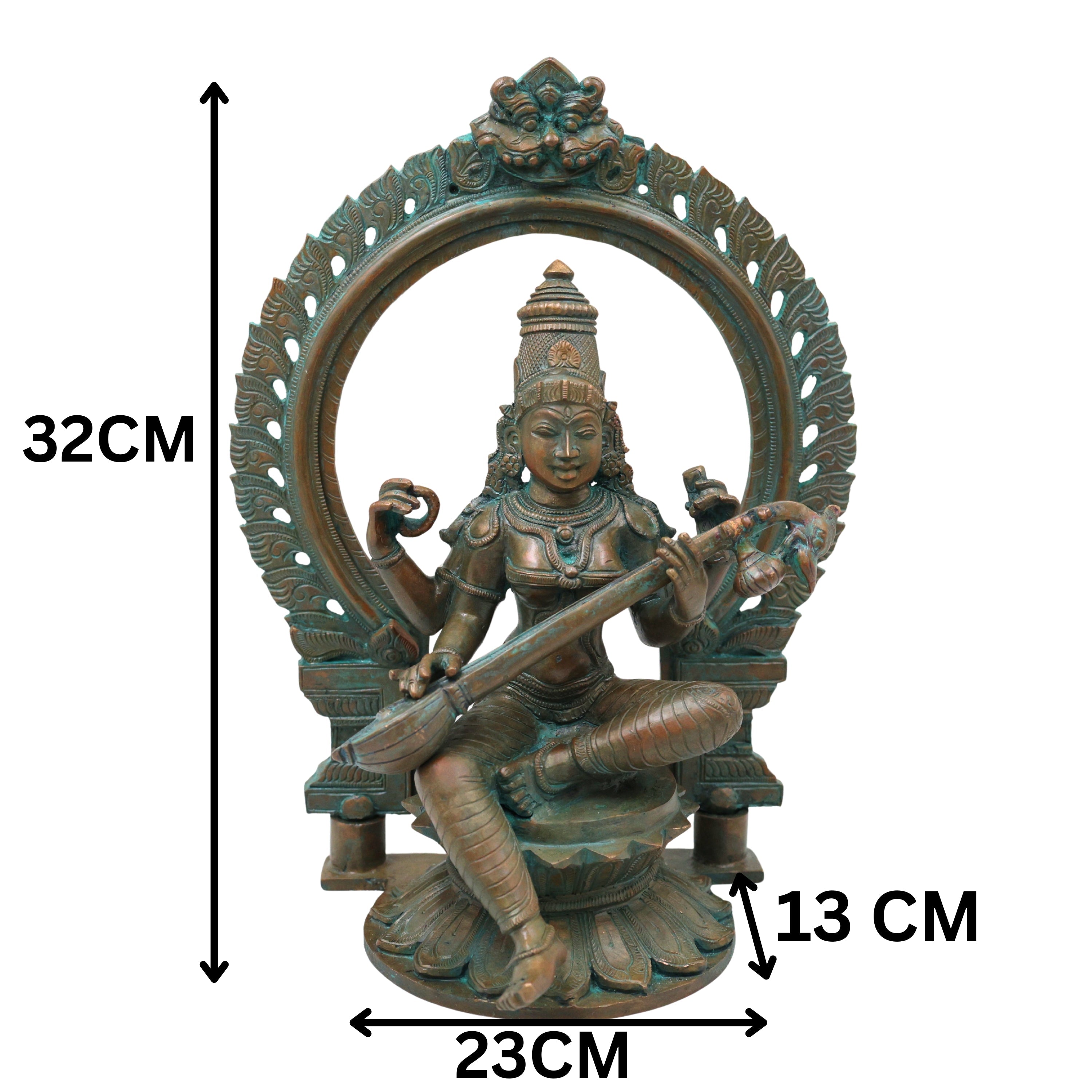 Bronze Saraswati Idol Veena Vadini Hamsa Vahini Sharada Vani Vagdevi Vidya Saraswati Murti Statue for Home Temple Worship and Decor, Brown, 12.5 Inch, 1 Piece
