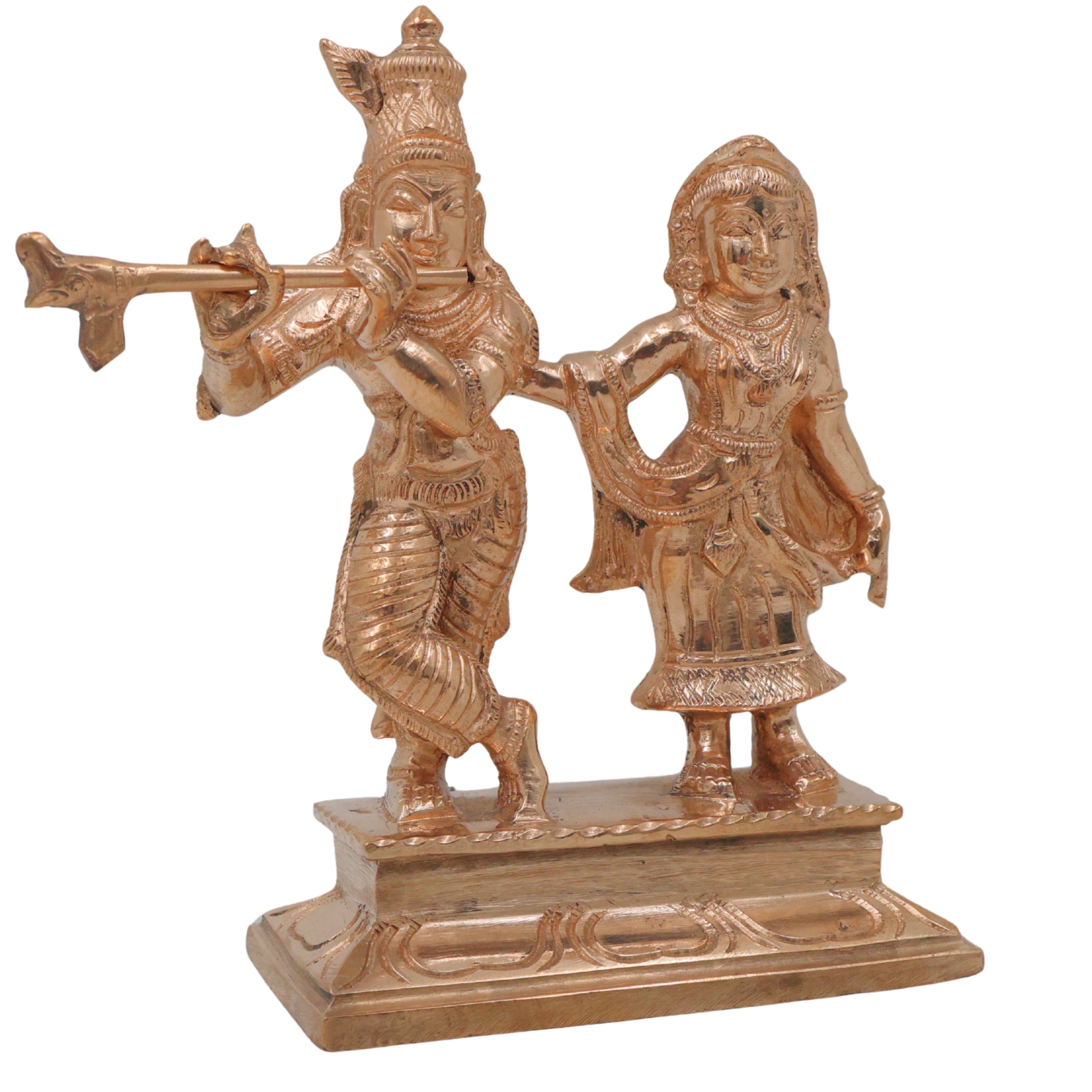 Bronze Radha Krishna Idol Radhe Krishna Radha Govinda Radha Gopal Radha Shyamsundar Radha Madhav Radha Raman Radha Vallabh Murti Statue for Puja Mandir Home Decor Devotional Sculpture, Gold, 6 Inch, 1 Piece