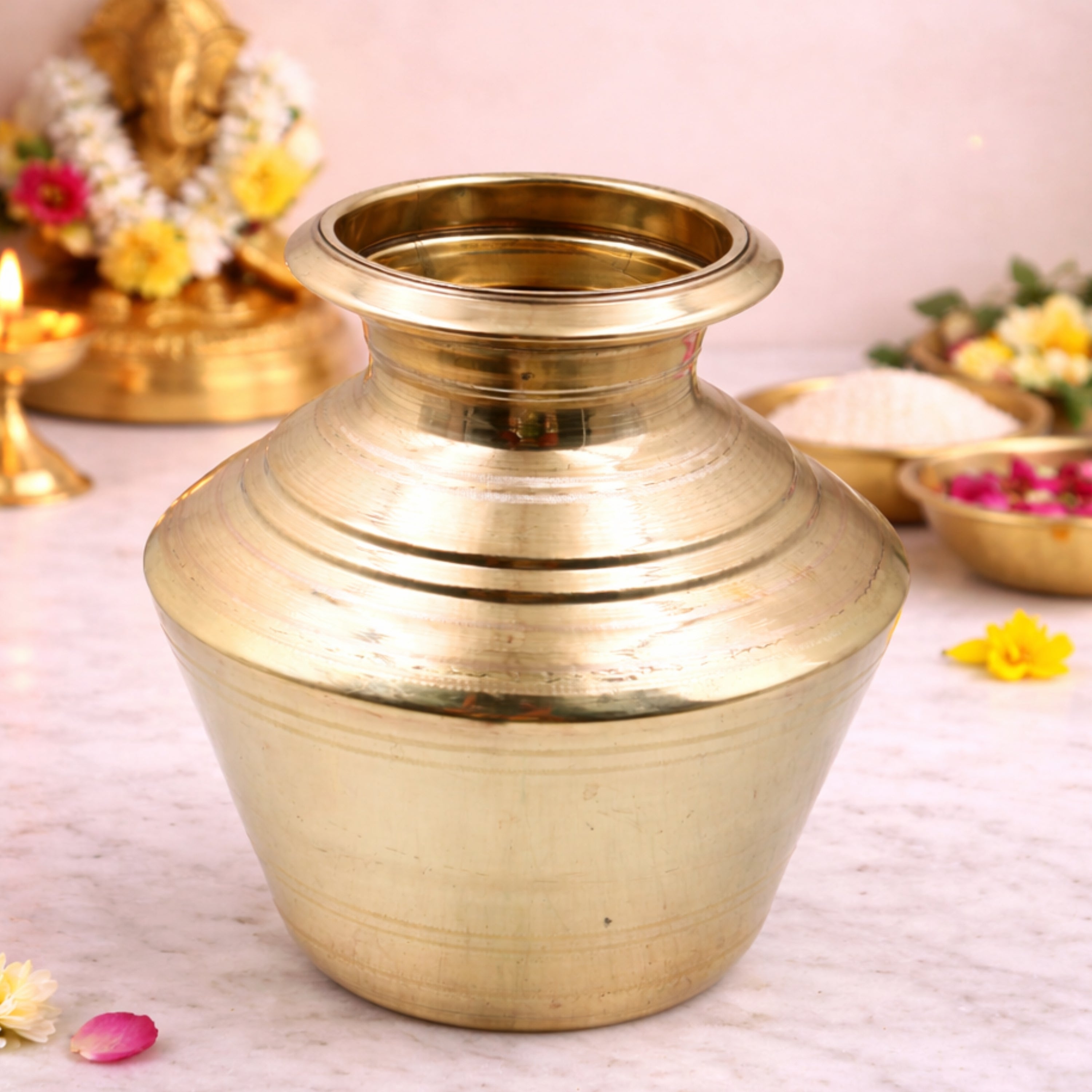 Brass Water Pot Kalash Kamandalu Kumbha Pooja Jal Patra Mangala Kalasha Purna Kumbh Ghata Lota Abhishekam Tirtha Patra Sacred Mandir Puja Vessel Peetal Pittal Pital Ritual Water Pot for Temple Worship, Gold, 11.5 Inch, 1 Piece