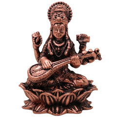 Copper Saraswati Idol Tamra Saraswathi Murti Sharada Bharati Vagdevi Hamsavahini Veena Vadini Vidya Devi Vigraha for Puja Mandir Home Decor Gift Statue Sculpture, Brown, 2 Inch, 1 Piece