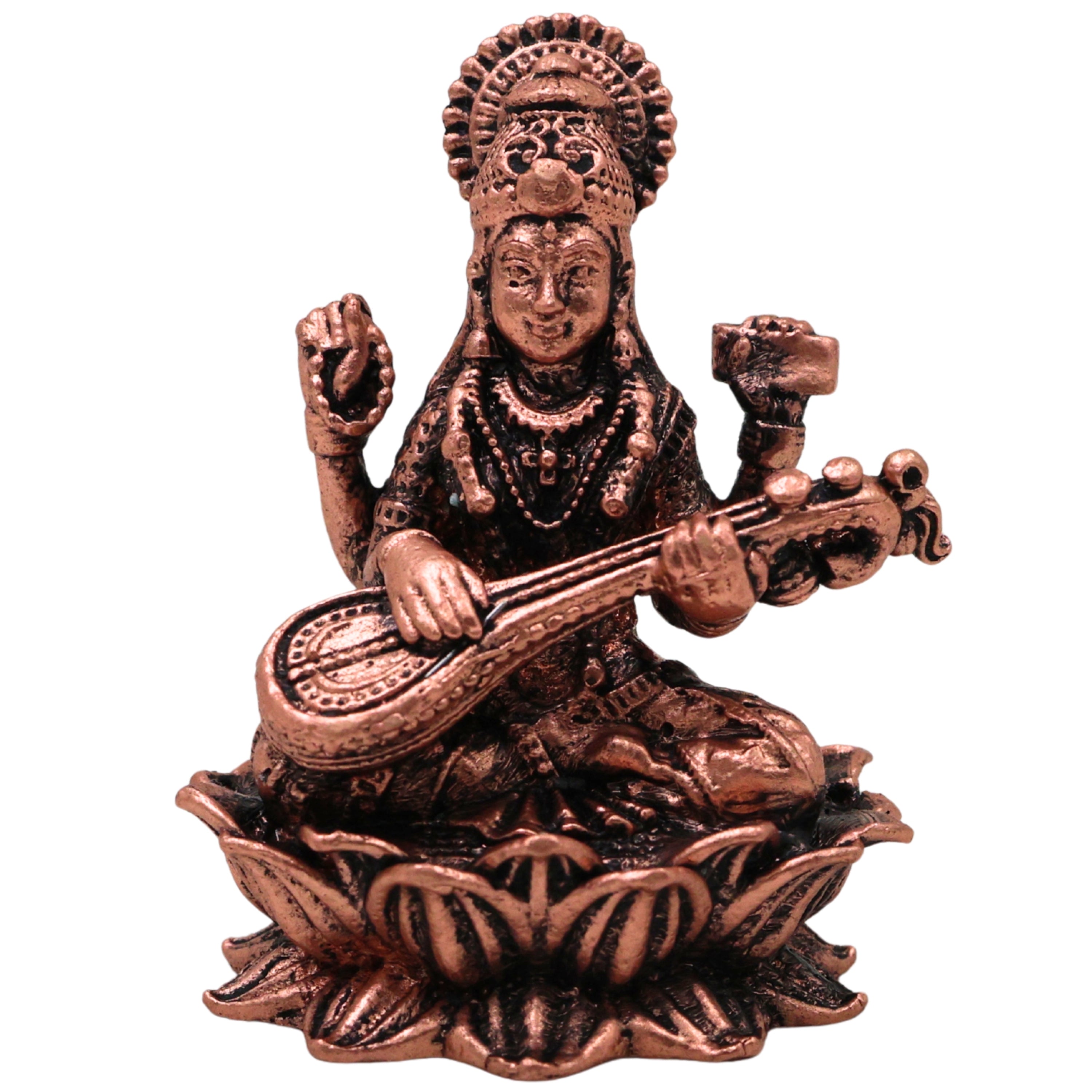 Copper Saraswati Idol Tamra Saraswathi Murti Sharada Bharati Vagdevi Hamsavahini Veena Vadini Vidya Devi Vigraha for Puja Mandir Home Decor Gift Statue Sculpture, Brown, 2 Inch, 1 Piece