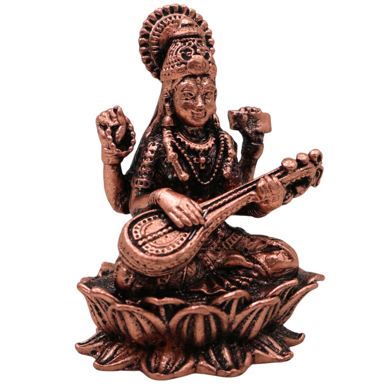 Copper Saraswati Idol Tamra Saraswathi Murti Sharada Bharati Vagdevi Hamsavahini Veena Vadini Vidya Devi Vigraha for Puja Mandir Home Decor Gift Statue Sculpture, Brown, 2 Inch, 1 Piece