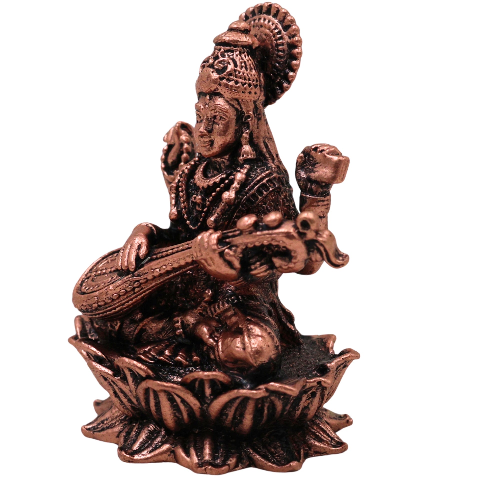 Copper Saraswati Idol Tamra Saraswathi Murti Sharada Bharati Vagdevi Hamsavahini Veena Vadini Vidya Devi Vigraha for Puja Mandir Home Decor Gift Statue Sculpture, Brown, 2 Inch, 1 Piece