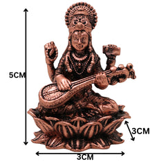 Copper Saraswati Idol Tamra Saraswathi Murti Sharada Bharati Vagdevi Hamsavahini Veena Vadini Vidya Devi Vigraha for Puja Mandir Home Decor Gift Statue Sculpture, Brown, 2 Inch, 1 Piece