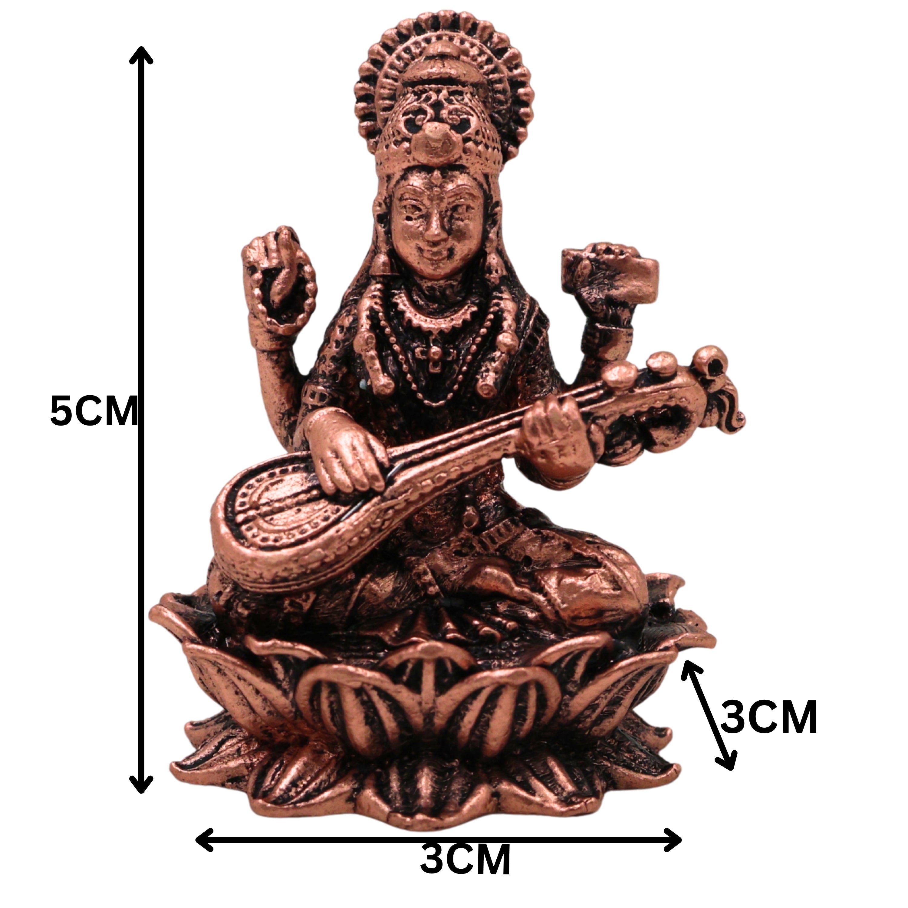 Copper Saraswati Idol Tamra Saraswathi Murti Sharada Bharati Vagdevi Hamsavahini Veena Vadini Vidya Devi Vigraha for Puja Mandir Home Decor Gift Statue Sculpture, Brown, 2 Inch, 1 Piece