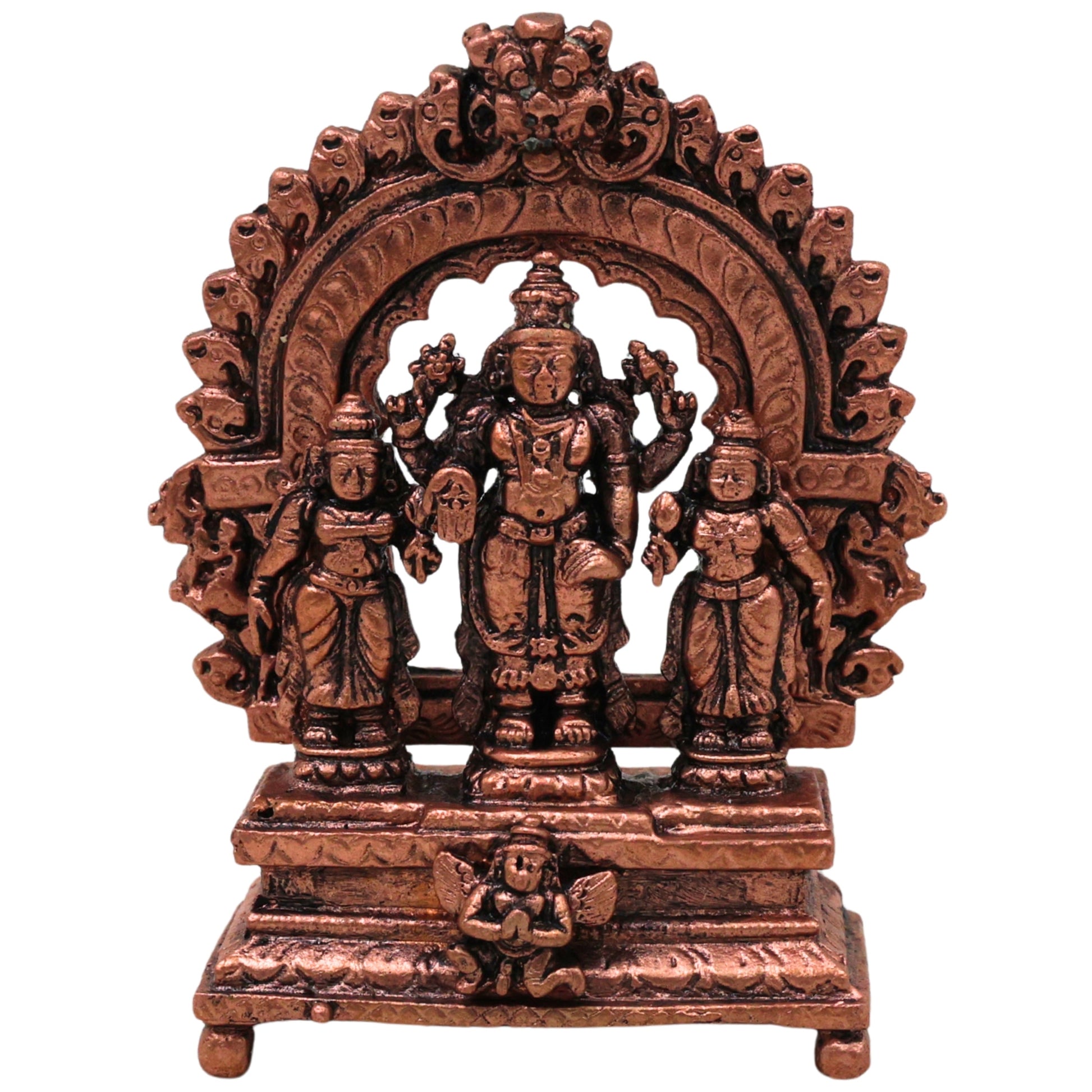 Copper Vishnu Parivar Idol Lakshmi Narayan Bhudevi Murti Sriman Narayana Perumal Sri Devi Bhu Devi Tamra Narayana Family Vigraha for Puja Mandir Home Decor Gift Sculpture Statue, Brown, 3 Inch, 1 Piece