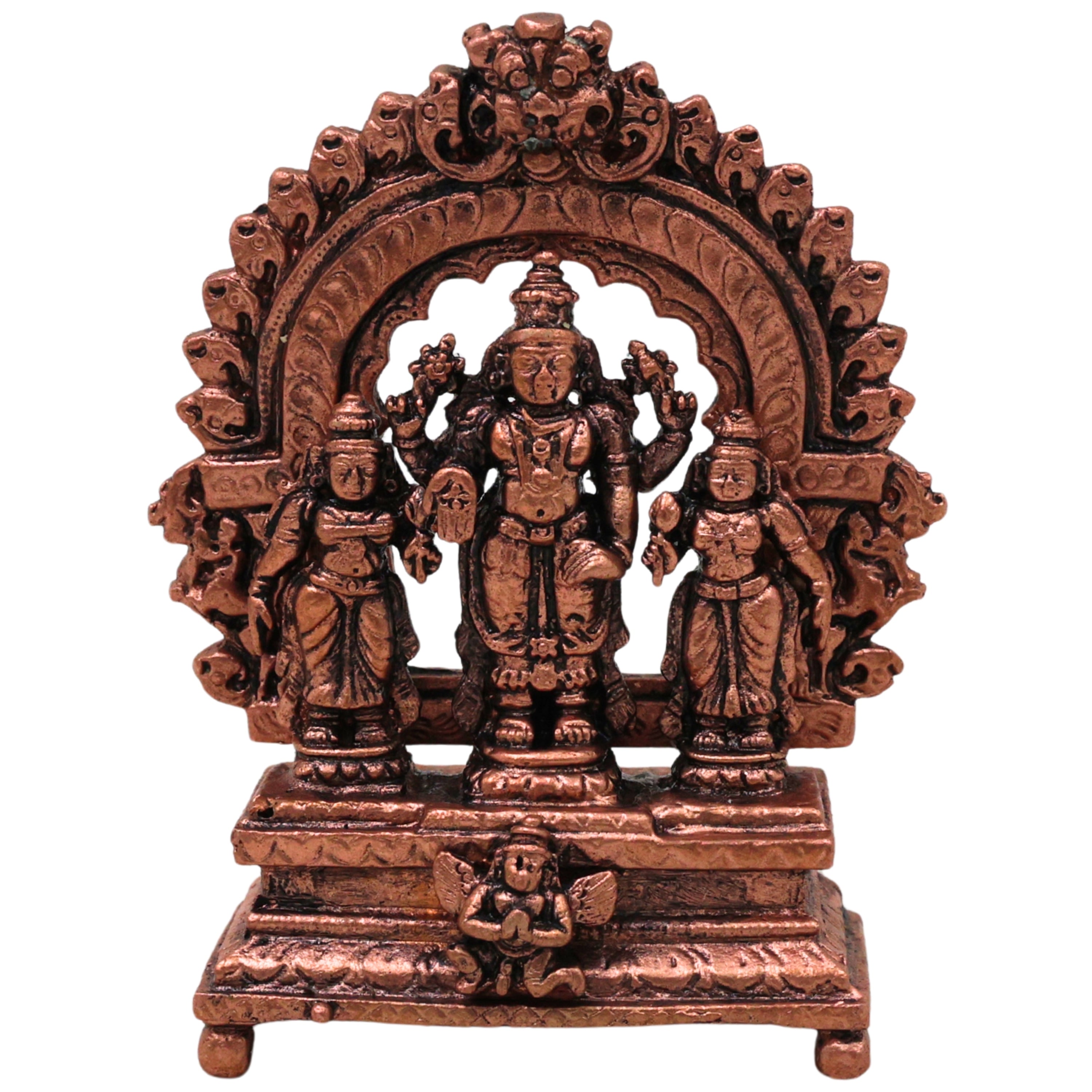 Copper Vishnu Parivar Idol Lakshmi Narayan Bhudevi Murti Sriman Narayana Perumal Sri Devi Bhu Devi Tamra Narayana Family Vigraha for Puja Mandir Home Decor Gift Sculpture Statue, Brown, 3 Inch, 1 Piece