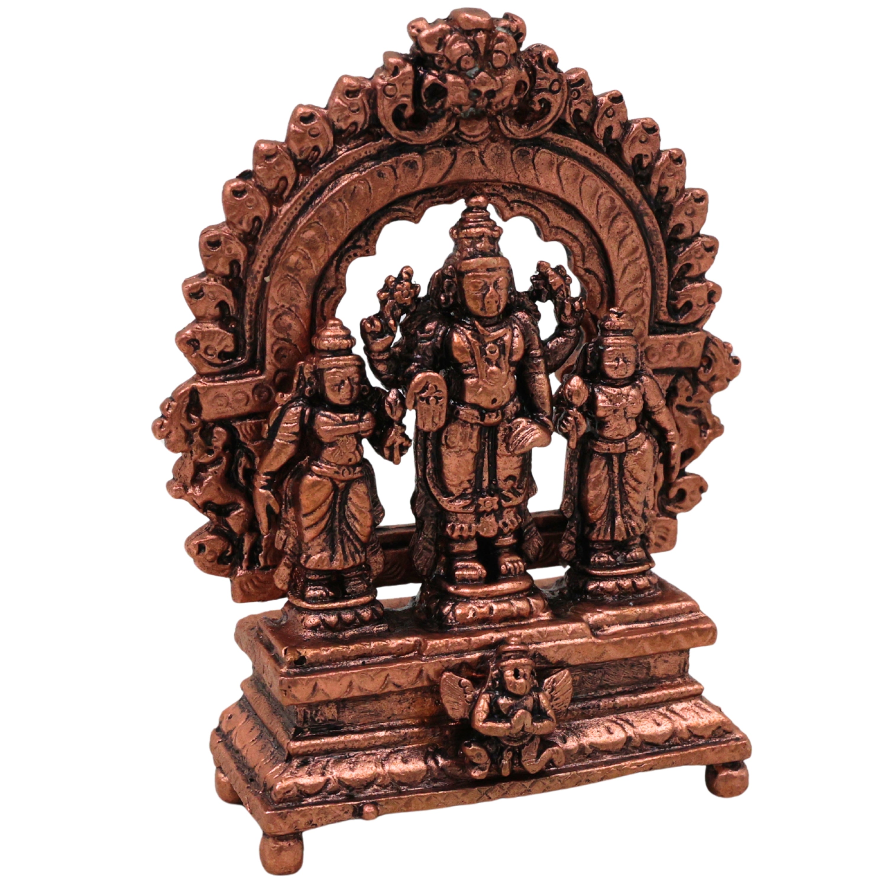 Copper Vishnu Parivar Idol Lakshmi Narayan Bhudevi Murti Sriman Narayana Perumal Sri Devi Bhu Devi Tamra Narayana Family Vigraha for Puja Mandir Home Decor Gift Sculpture Statue, Brown, 3 Inch, 1 Piece
