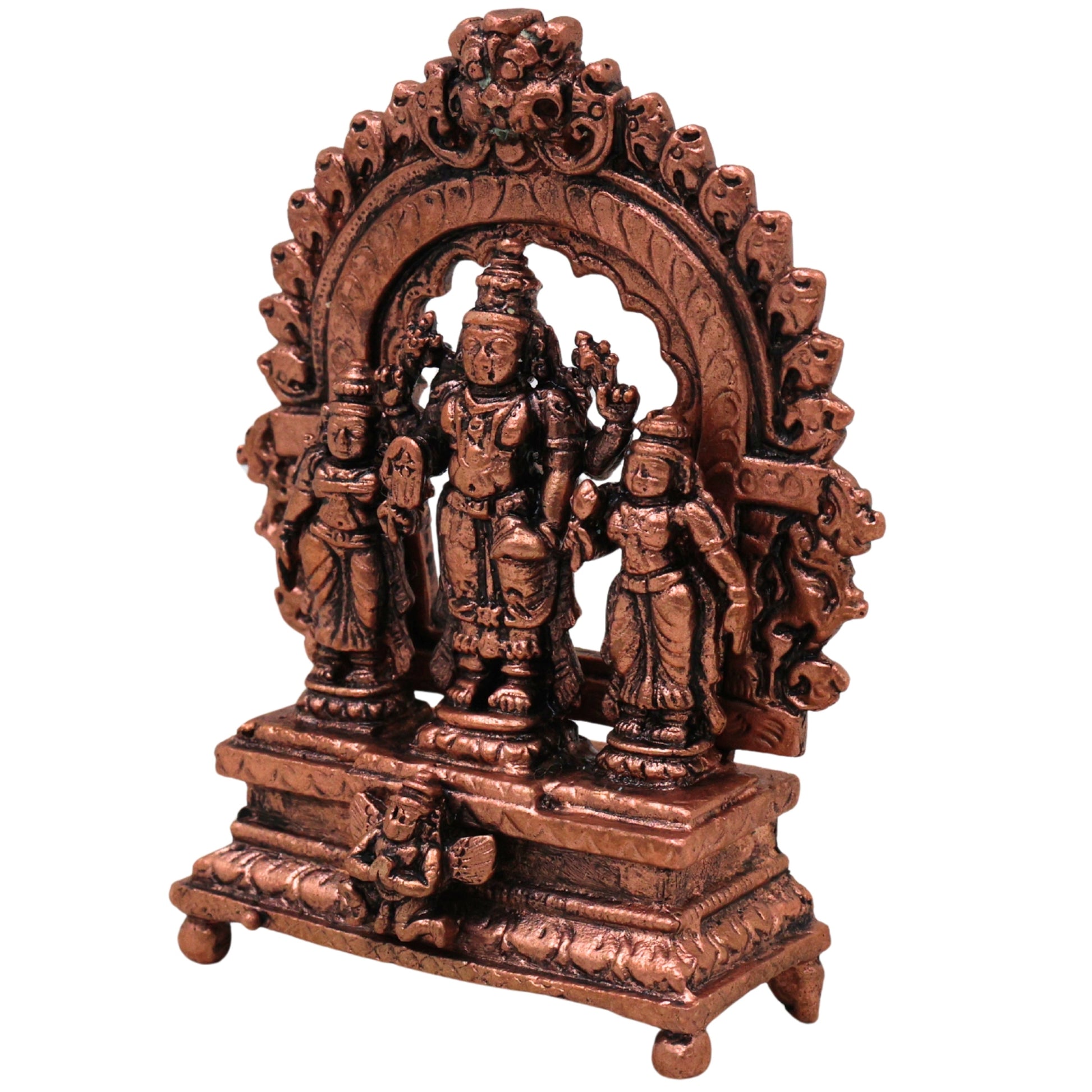 Copper Vishnu Parivar Idol Lakshmi Narayan Bhudevi Murti Sriman Narayana Perumal Sri Devi Bhu Devi Tamra Narayana Family Vigraha for Puja Mandir Home Decor Gift Sculpture Statue, Brown, 3 Inch, 1 Piece