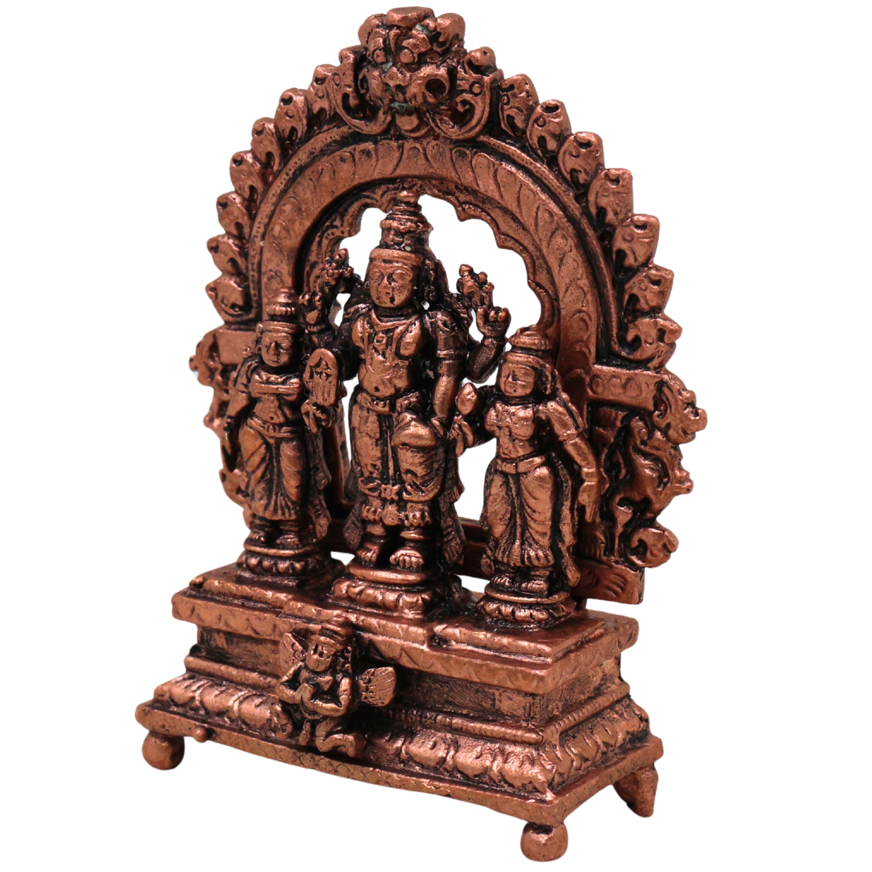 Copper Vishnu Parivar Idol Lakshmi Narayan Bhudevi Murti Sriman Narayana Perumal Sri Devi Bhu Devi Tamra Narayana Family Vigraha for Puja Mandir Home Decor Gift Sculpture Statue, Brown, 3 Inch, 1 Piece
