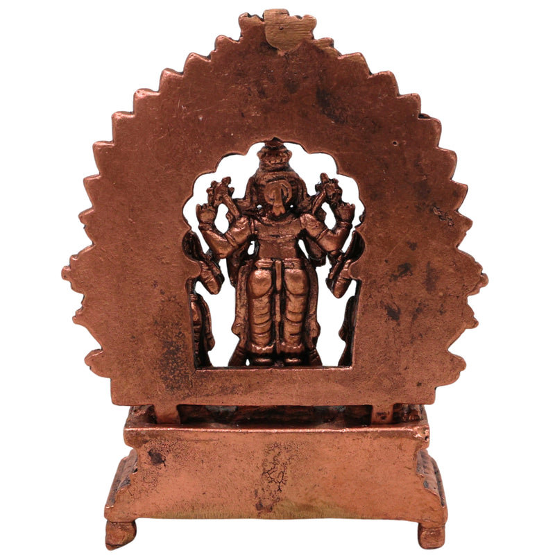 Copper Vishnu Parivar Idol Lakshmi Narayan Bhudevi Murti Sriman Narayana Perumal Sri Devi Bhu Devi Tamra Narayana Family Vigraha for Puja Mandir Home Decor Gift Sculpture Statue, Brown, 3 Inch, 1 Piece