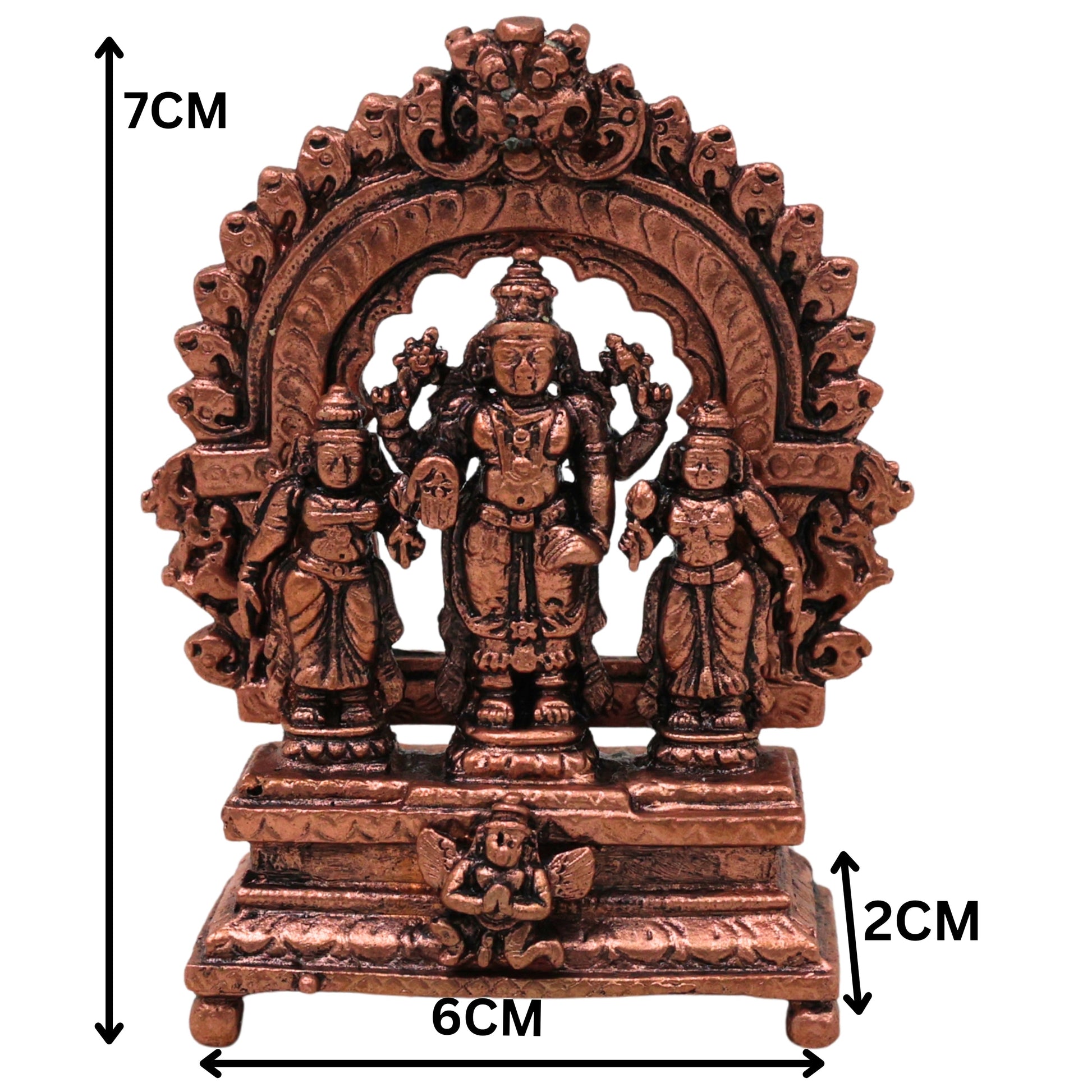 Copper Vishnu Parivar Idol Lakshmi Narayan Bhudevi Murti Sriman Narayana Perumal Sri Devi Bhu Devi Tamra Narayana Family Vigraha for Puja Mandir Home Decor Gift Sculpture Statue, Brown, 3 Inch, 1 Piece