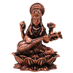 Copper Saraswati Idol Tamra Saraswathi Murti Vagdevi Veena Vadini Sharada Devi Bharati Kalaivani Vidya Saraswati Hansavahini Pustaka Dharini Statue for Puja Home Decor Temple Sculpture, Brown, 2 Inch, 1 Piece