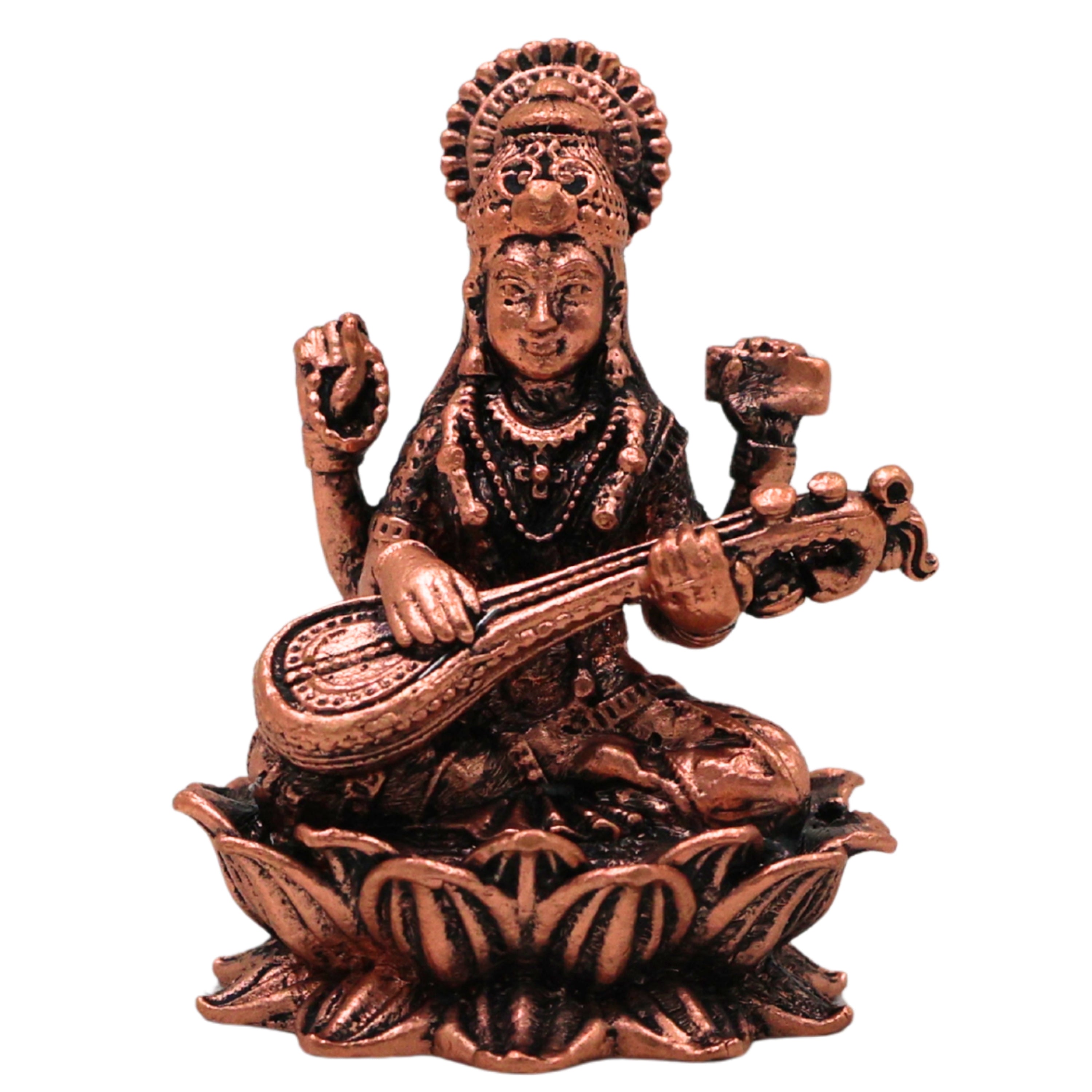 Copper Saraswati Idol Tamra Saraswathi Murti Vagdevi Veena Vadini Sharada Devi Bharati Kalaivani Vidya Saraswati Hansavahini Pustaka Dharini Statue for Puja Home Decor Temple Sculpture, Brown, 2 Inch, 1 Piece