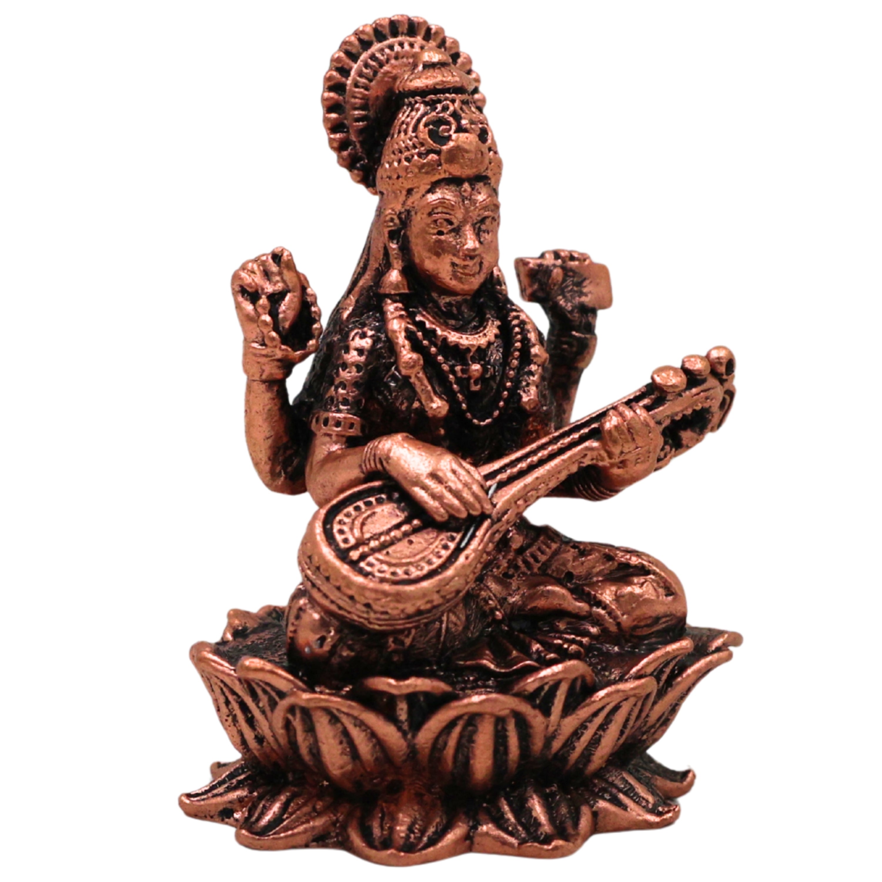 Copper Saraswati Idol Tamra Saraswathi Murti Vagdevi Veena Vadini Sharada Devi Bharati Kalaivani Vidya Saraswati Hansavahini Pustaka Dharini Statue for Puja Home Decor Temple Sculpture, Brown, 2 Inch, 1 Piece
