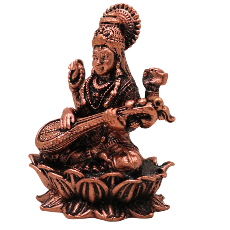 Copper Saraswati Idol Tamra Saraswathi Murti Vagdevi Veena Vadini Sharada Devi Bharati Kalaivani Vidya Saraswati Hansavahini Pustaka Dharini Statue for Puja Home Decor Temple Sculpture, Brown, 2 Inch, 1 Piece