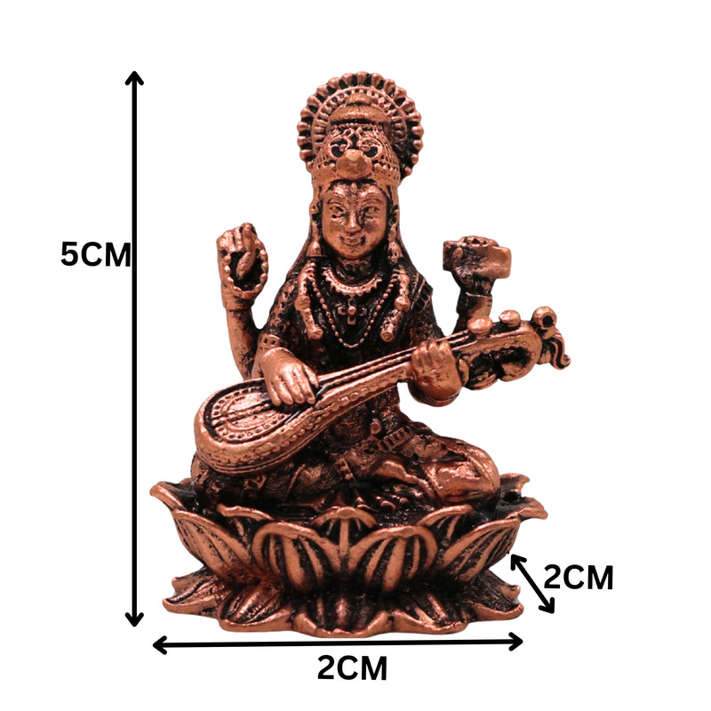 Copper Saraswati Idol Tamra Saraswathi Murti Vagdevi Veena Vadini Sharada Devi Bharati Kalaivani Vidya Saraswati Hansavahini Pustaka Dharini Statue for Puja Home Decor Temple Sculpture, Brown, 2 Inch, 1 Piece