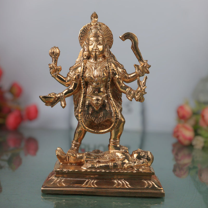 Bronze Kali Mata Idol Mahakali Murti Maa Kali Statue Bhadrakali Kalika Devi Dakshina Kali Adi Shakti Goddess Panchaloha Style Chola Art Handcrafted Kali Devi Vigraha for Home Temple Pooja Decor, Gold, 6.5 Inch, 1 Piece