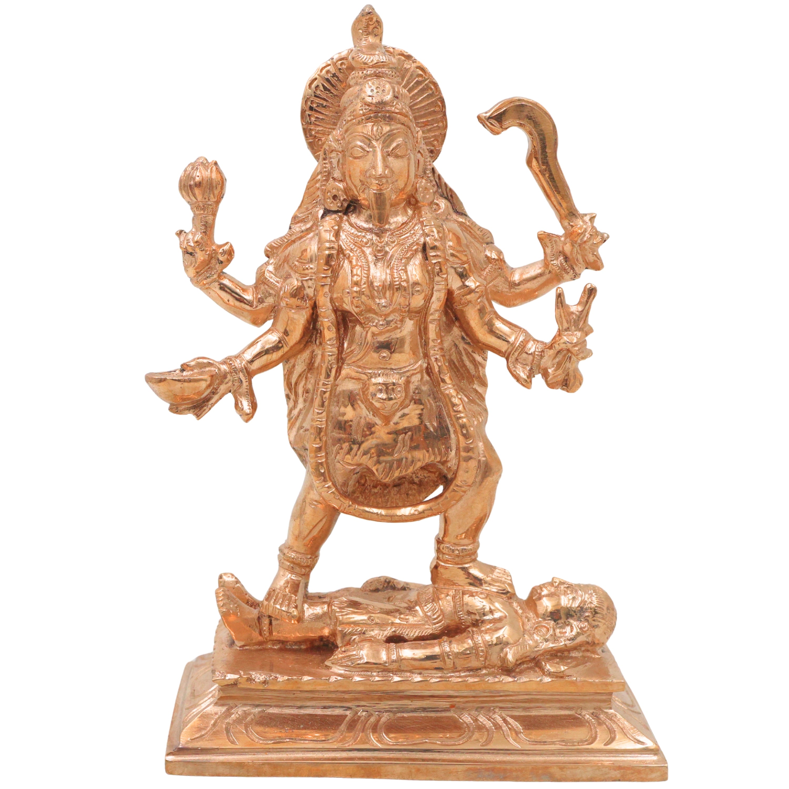 Bronze Kali Mata Idol Mahakali Murti Maa Kali Statue Bhadrakali Kalika Devi Dakshina Kali Adi Shakti Goddess Panchaloha Style Chola Art Handcrafted Kali Devi Vigraha for Home Temple Pooja Decor, Gold, 6.5 Inch, 1 Piece