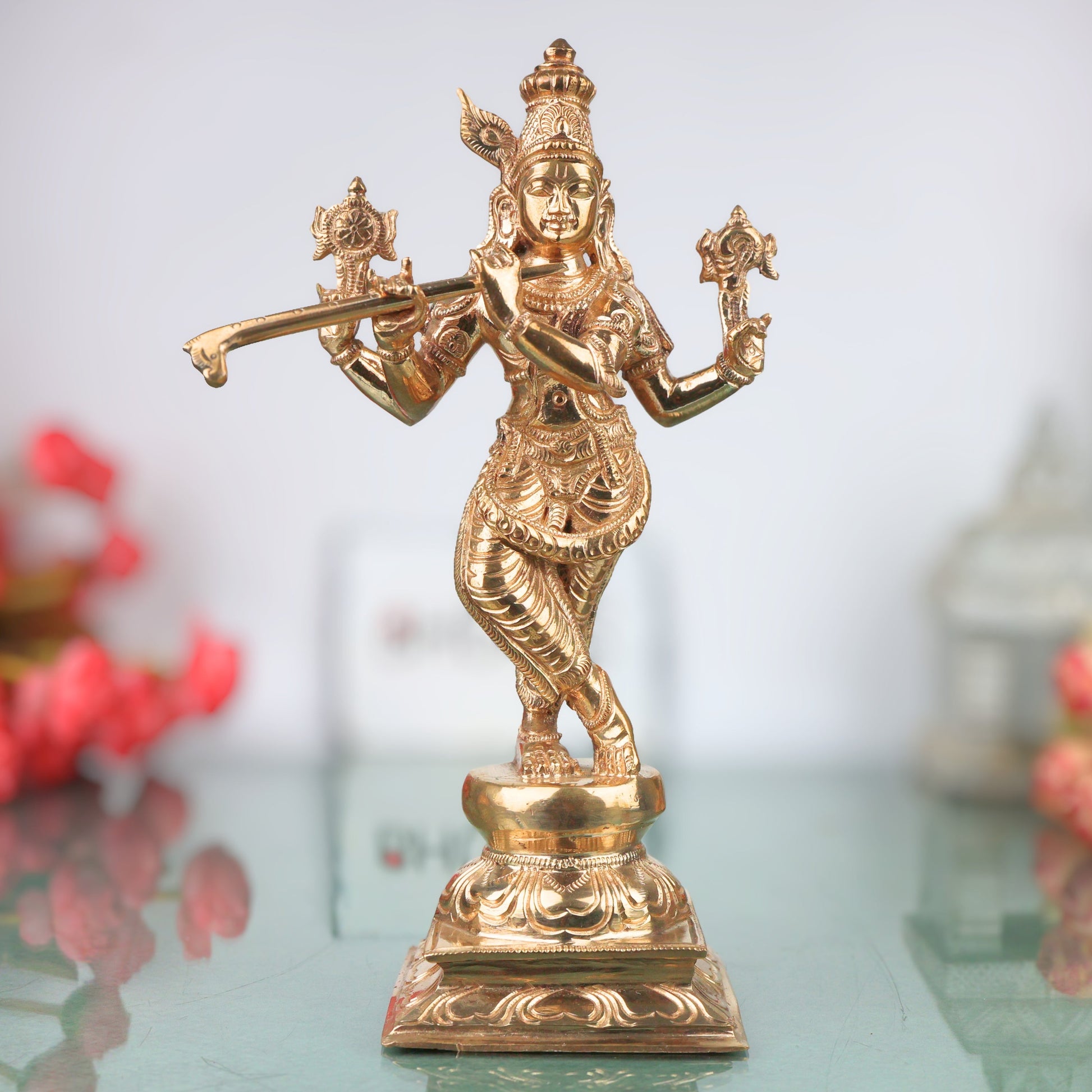 Bronze Lord Krishna Idol Venugopal Murti Bala Gopal Govinda Gopala Kanhaiya Shyamsundar Murali Manohar Dwarkadhish Handmade Krishna Statue for Home Temple Pooja Decor, Gold, 10 Inch, 1 Piece