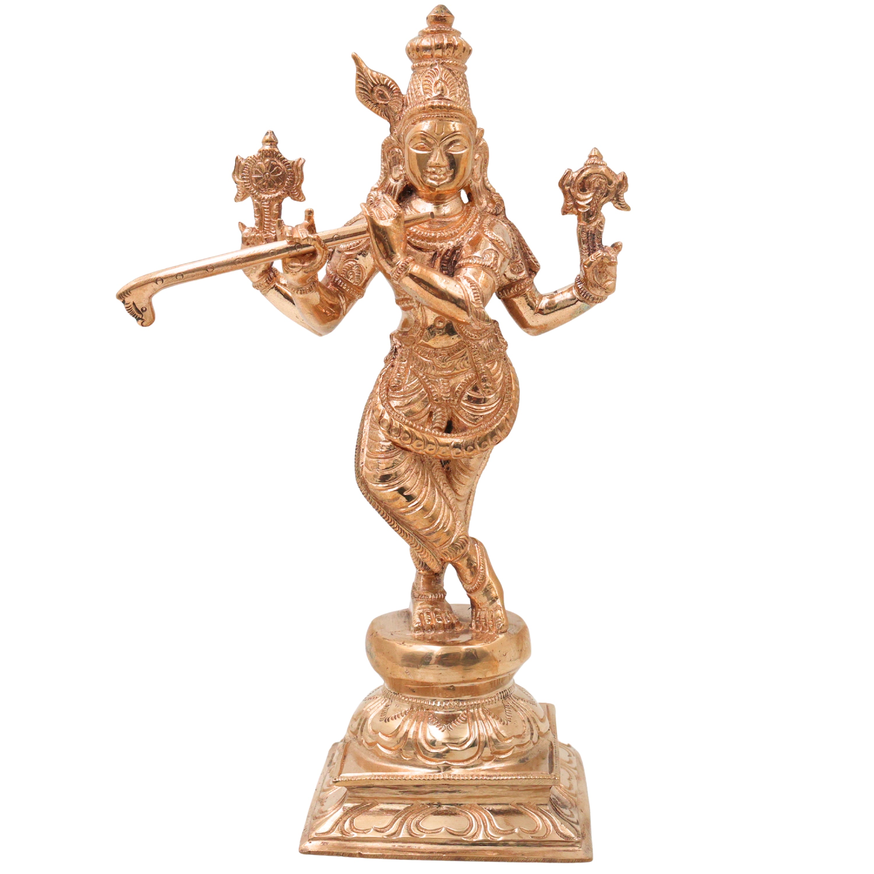 Bronze Lord Krishna Idol Venugopal Murti Bala Gopal Govinda Gopala Kanhaiya Shyamsundar Murali Manohar Dwarkadhish Handmade Krishna Statue for Home Temple Pooja Decor, Gold, 10 Inch, 1 Piece