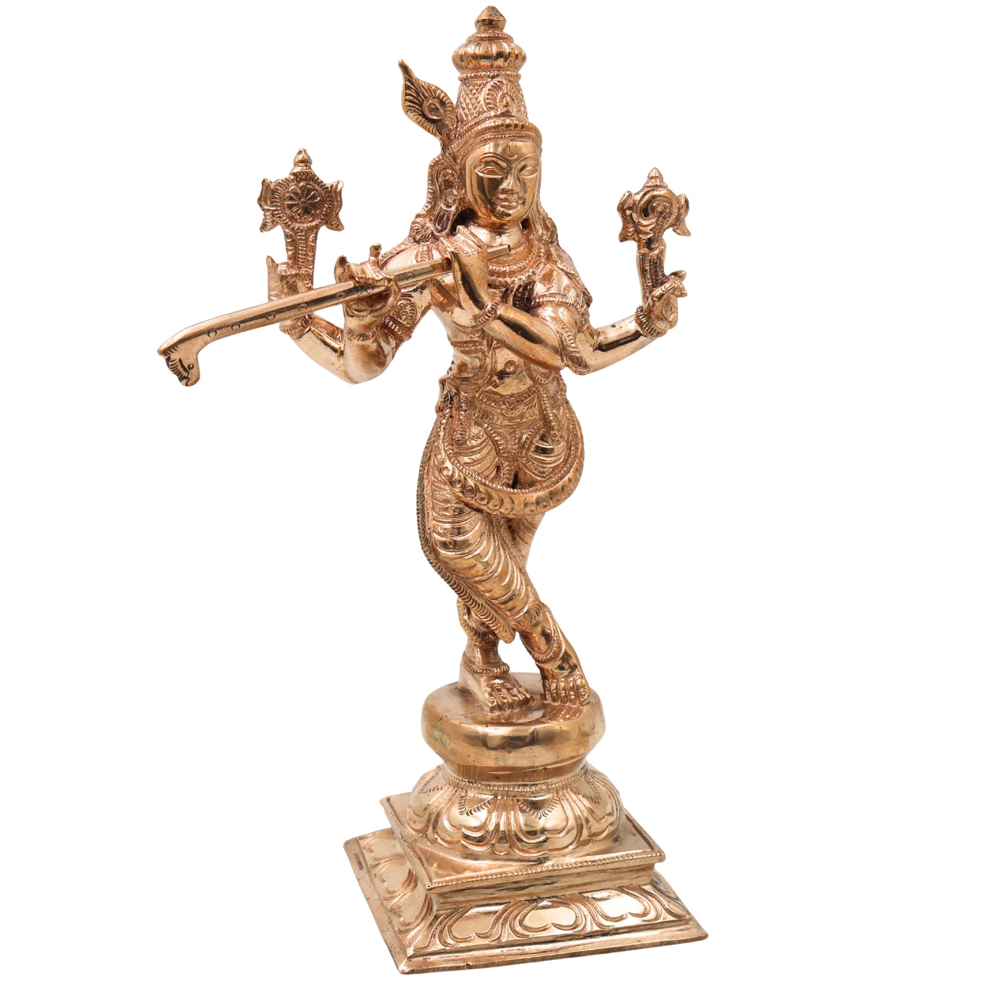 Bronze Lord Krishna Idol Venugopal Murti Bala Gopal Govinda Gopala Kanhaiya Shyamsundar Murali Manohar Dwarkadhish Handmade Krishna Statue for Home Temple Pooja Decor, Gold, 10 Inch, 1 Piece