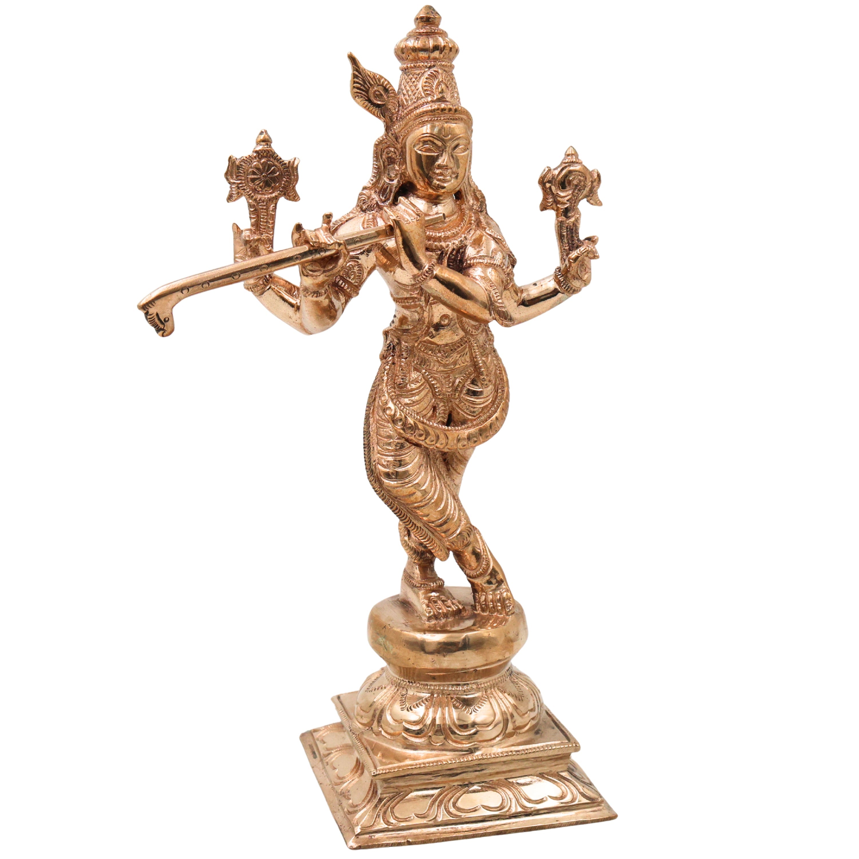Bronze Lord Krishna Idol Venugopal Murti Bala Gopal Govinda Gopala Kanhaiya Shyamsundar Murali Manohar Dwarkadhish Handmade Krishna Statue for Home Temple Pooja Decor, Gold, 10 Inch, 1 Piece