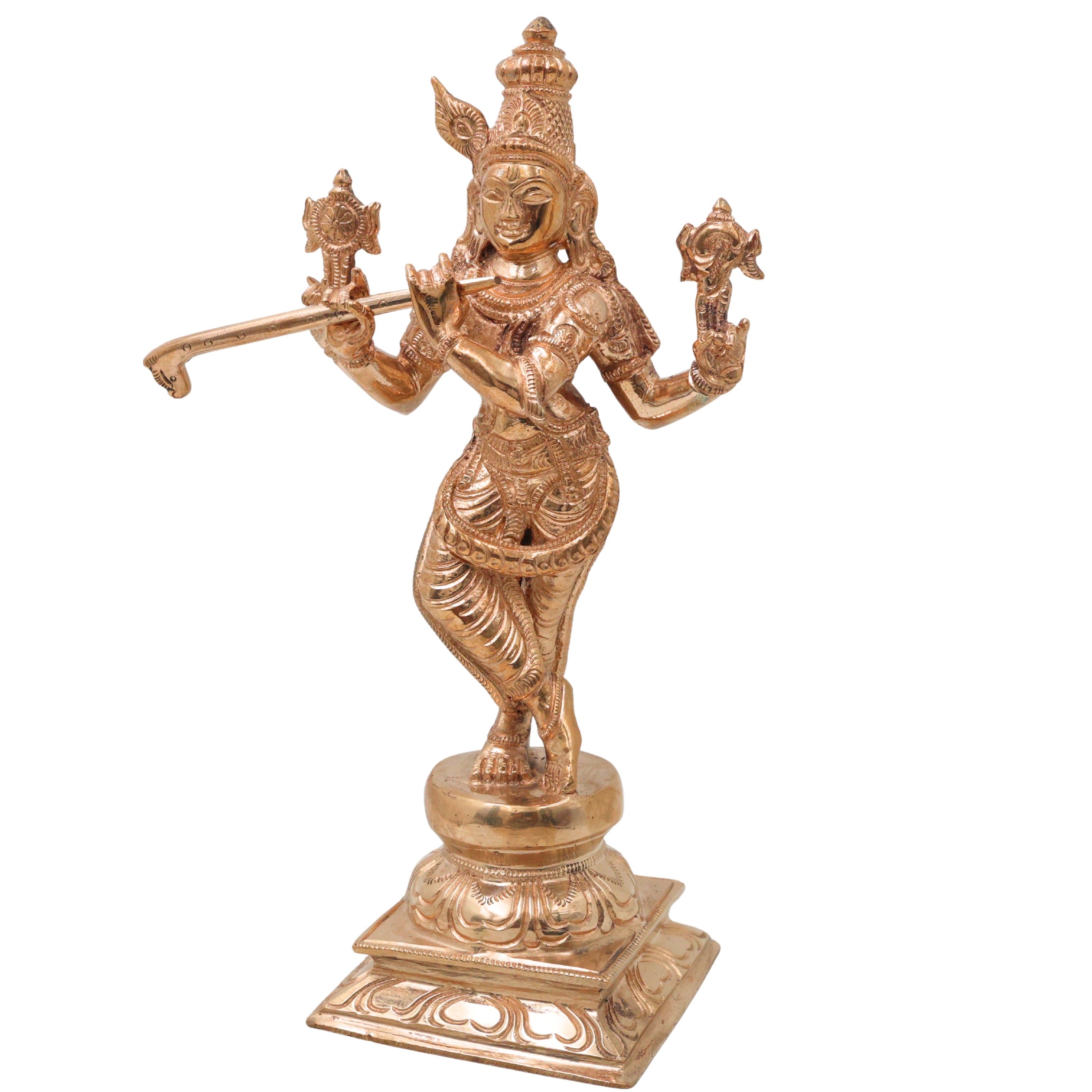 Bronze Lord Krishna Idol Venugopal Murti Bala Gopal Govinda Gopala Kanhaiya Shyamsundar Murali Manohar Dwarkadhish Handmade Krishna Statue for Home Temple Pooja Decor, Gold, 10 Inch, 1 Piece