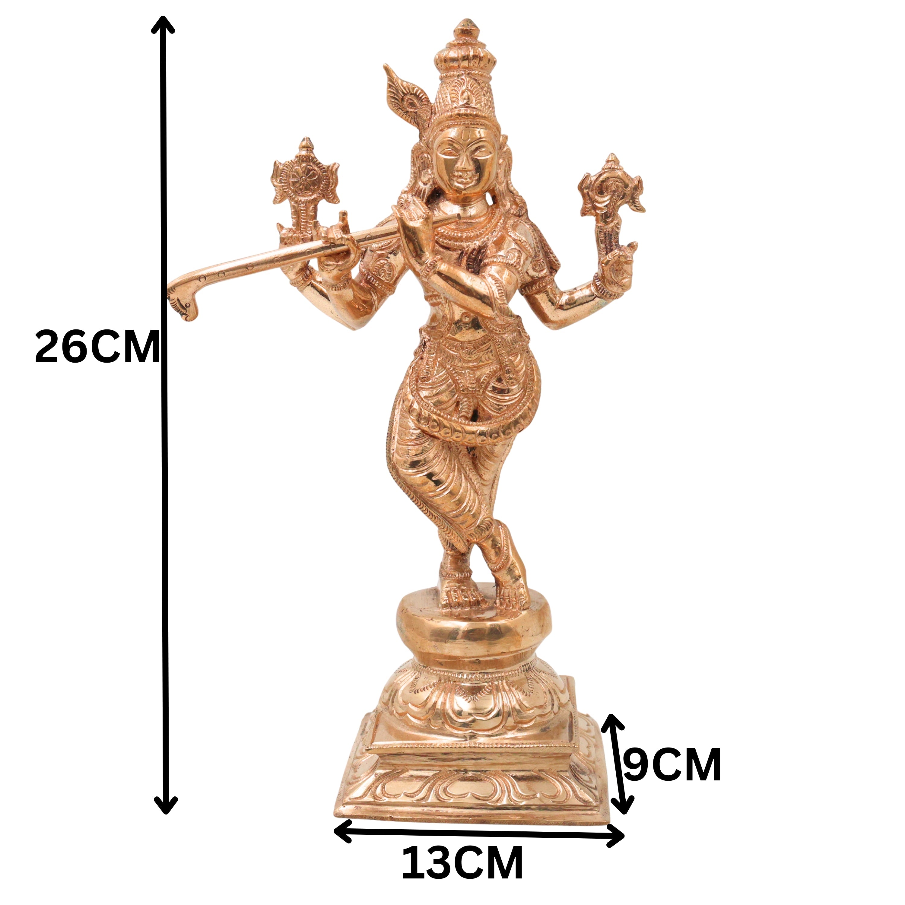 Bronze Lord Krishna Idol Venugopal Murti Bala Gopal Govinda Gopala Kanhaiya Shyamsundar Murali Manohar Dwarkadhish Handmade Krishna Statue for Home Temple Pooja Decor, Gold, 10 Inch, 1 Piece