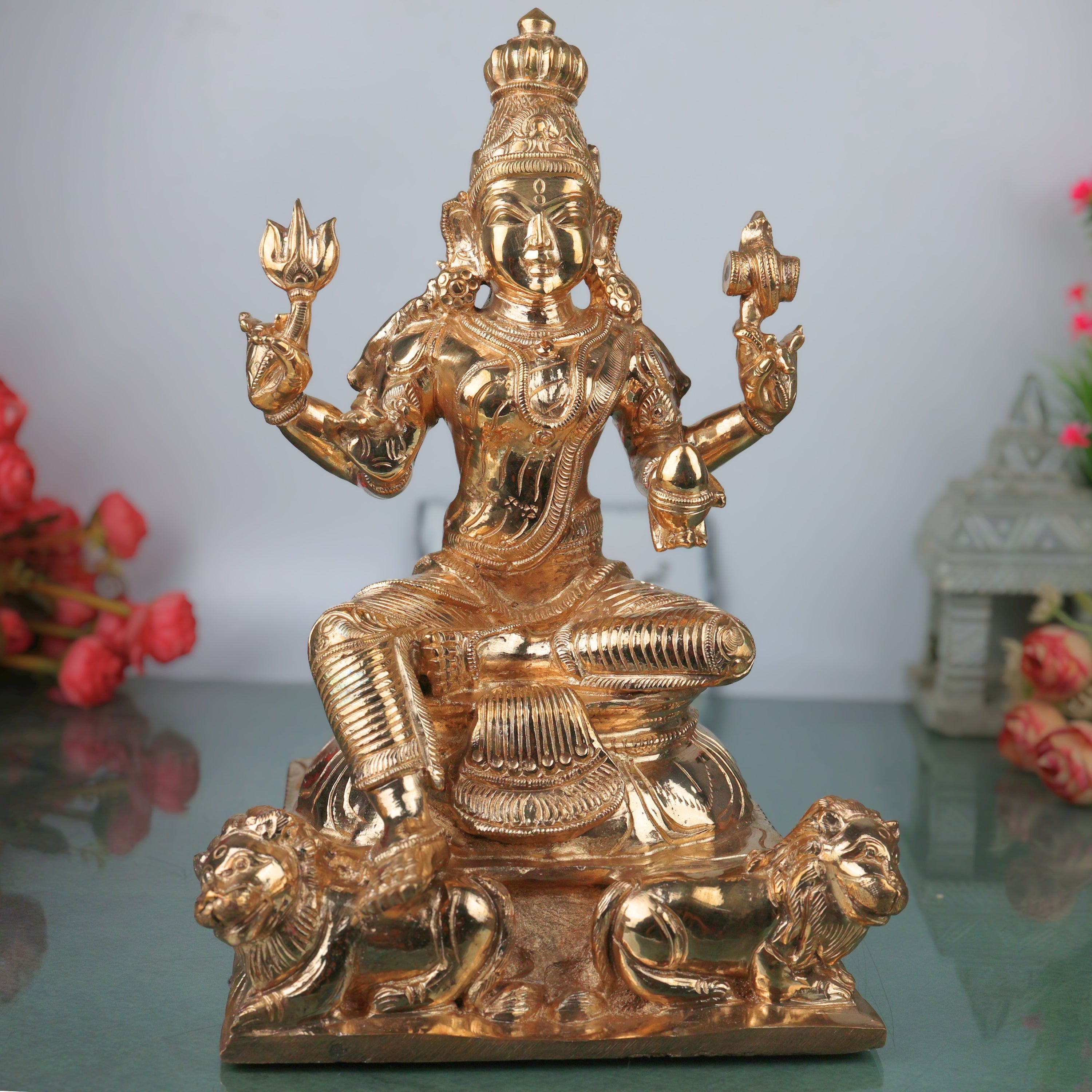 Bronze Durga Mata Murti Mahishasura Mardini Maa Durga Sherawali Ambe Jagadamba Adi Shakti Bhavani Chandika Ambika Navdurga Idol for Home Temple Pooja Decor Navratri Statue, Gold, 13 Inch, 1 Piece