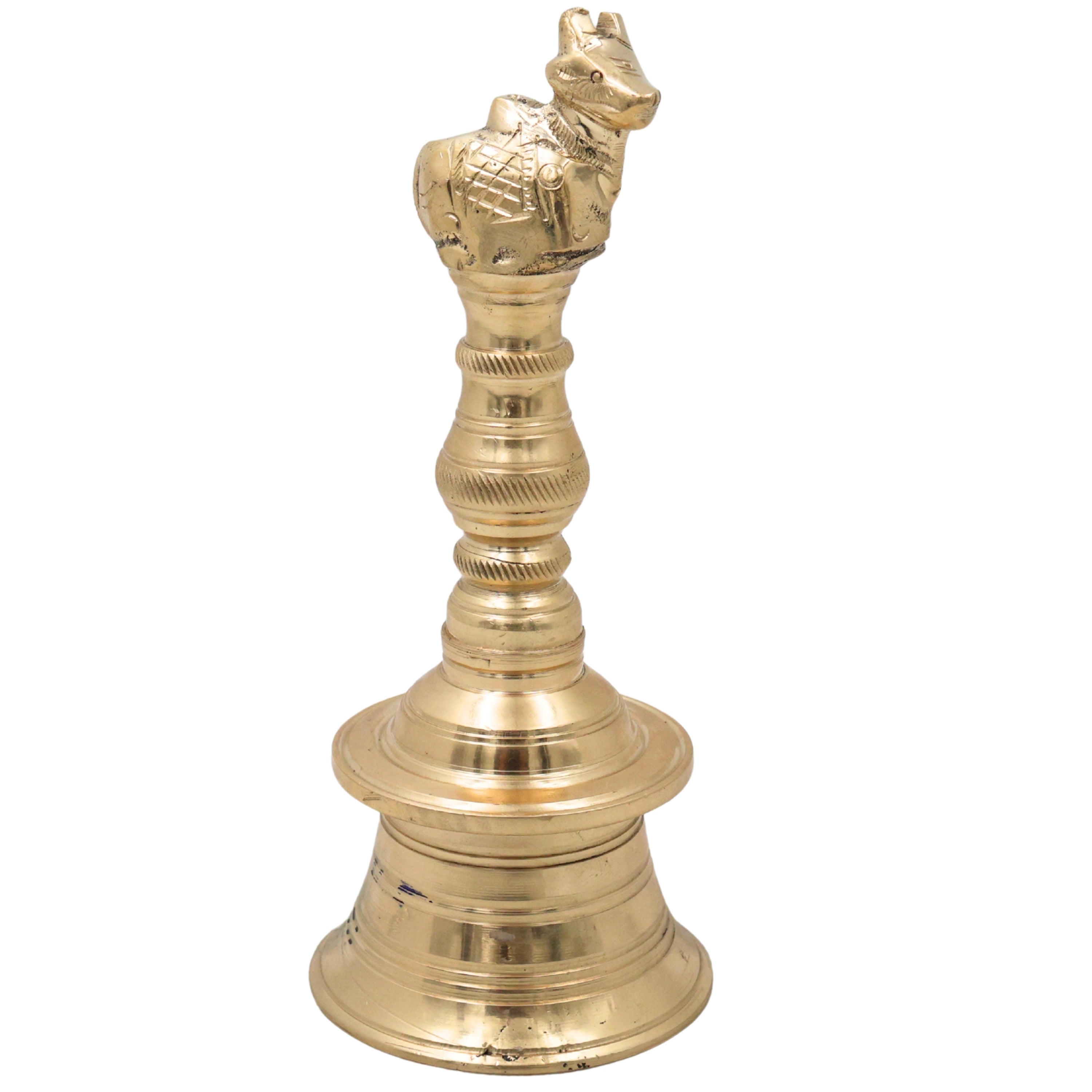 Brass Nandi Bull Bell Ghanti, Basava Vrishabha Nandikeshwara Bail Peetal Pooja Bell, Sacred Cow Cattle Temple Hanging Bell for Home Mandir Decor, Gold, 6.5 Inch, 1 Piece