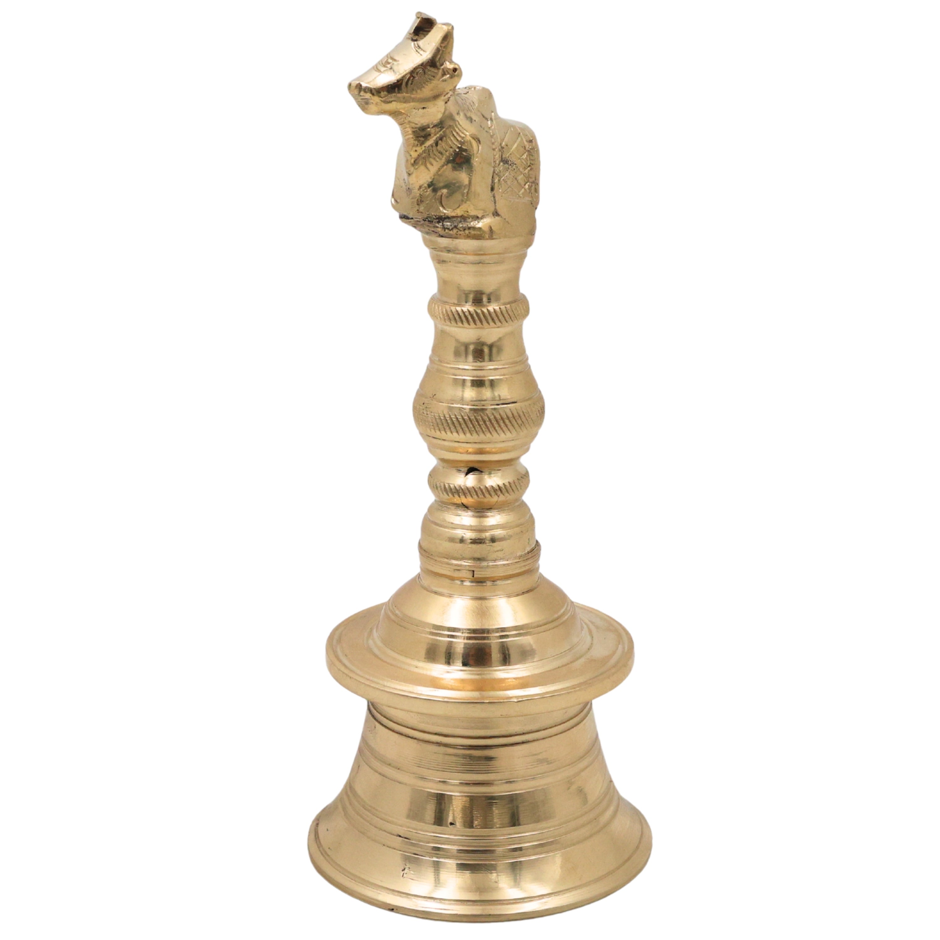 Brass Nandi Bull Bell Ghanti, Basava Vrishabha Nandikeshwara Bail Peetal Pooja Bell, Sacred Cow Cattle Temple Hanging Bell for Home Mandir Decor, Gold, 6.5 Inch, 1 Piece