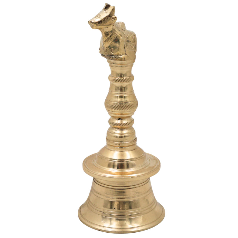 Brass Nandi Bull Bell Ghanti, Basava Vrishabha Nandikeshwara Bail Peetal Pooja Bell, Sacred Cow Cattle Temple Hanging Bell for Home Mandir Decor, Gold, 6.5 Inch, 1 Piece