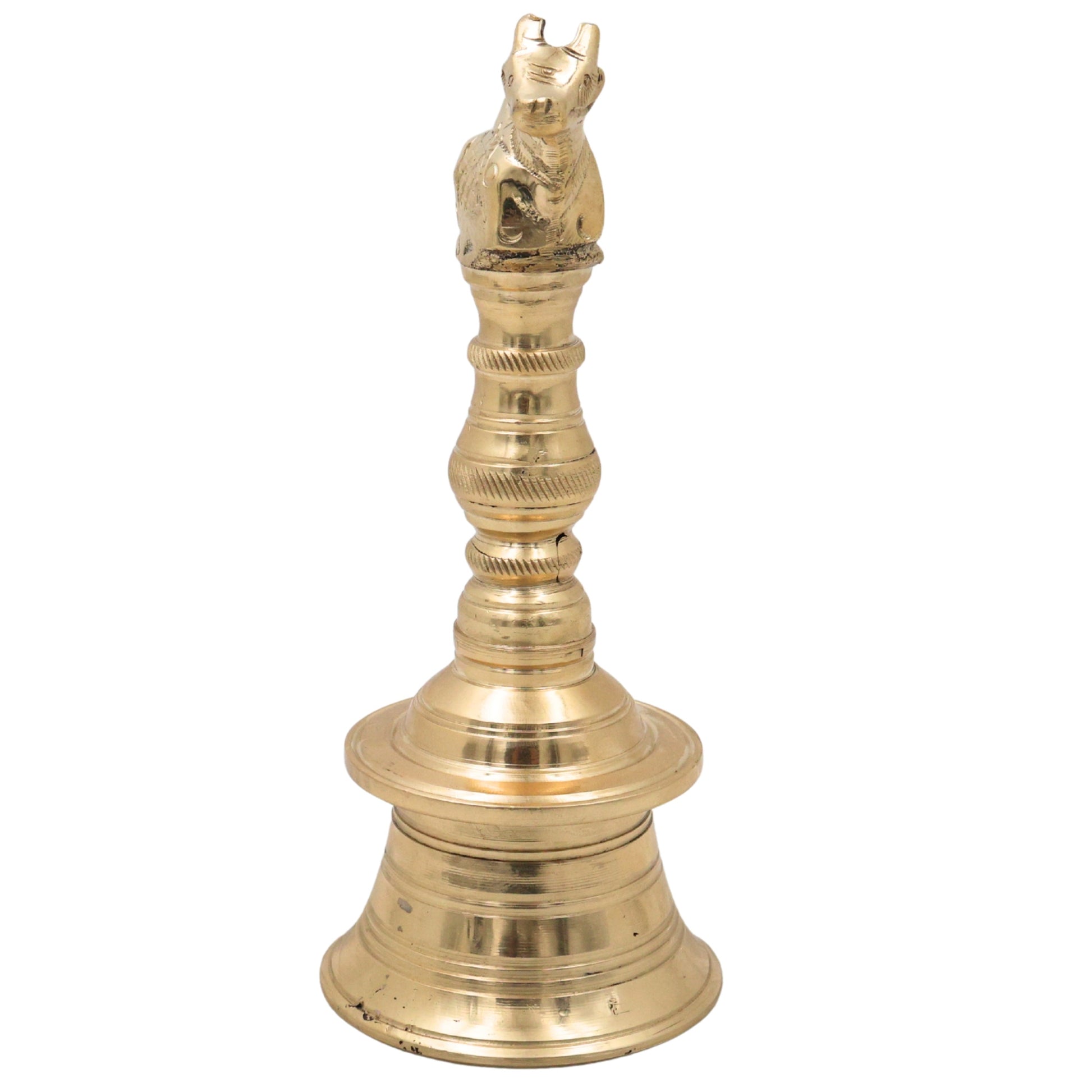 Brass Nandi Bull Bell Ghanti, Basava Vrishabha Nandikeshwara Bail Peetal Pooja Bell, Sacred Cow Cattle Temple Hanging Bell for Home Mandir Decor, Gold, 6.5 Inch, 1 Piece