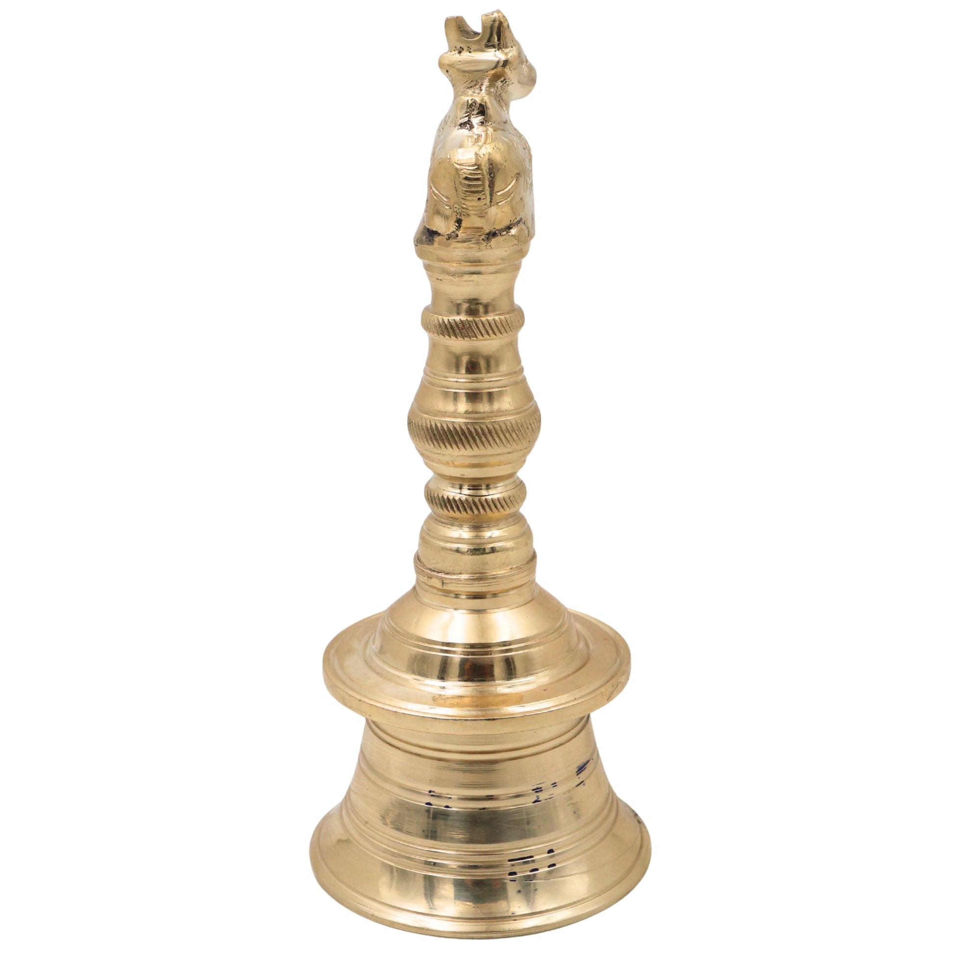 Brass Nandi Bull Bell Ghanti, Basava Vrishabha Nandikeshwara Bail Peetal Pooja Bell, Sacred Cow Cattle Temple Hanging Bell for Home Mandir Decor, Gold, 6.5 Inch, 1 Piece