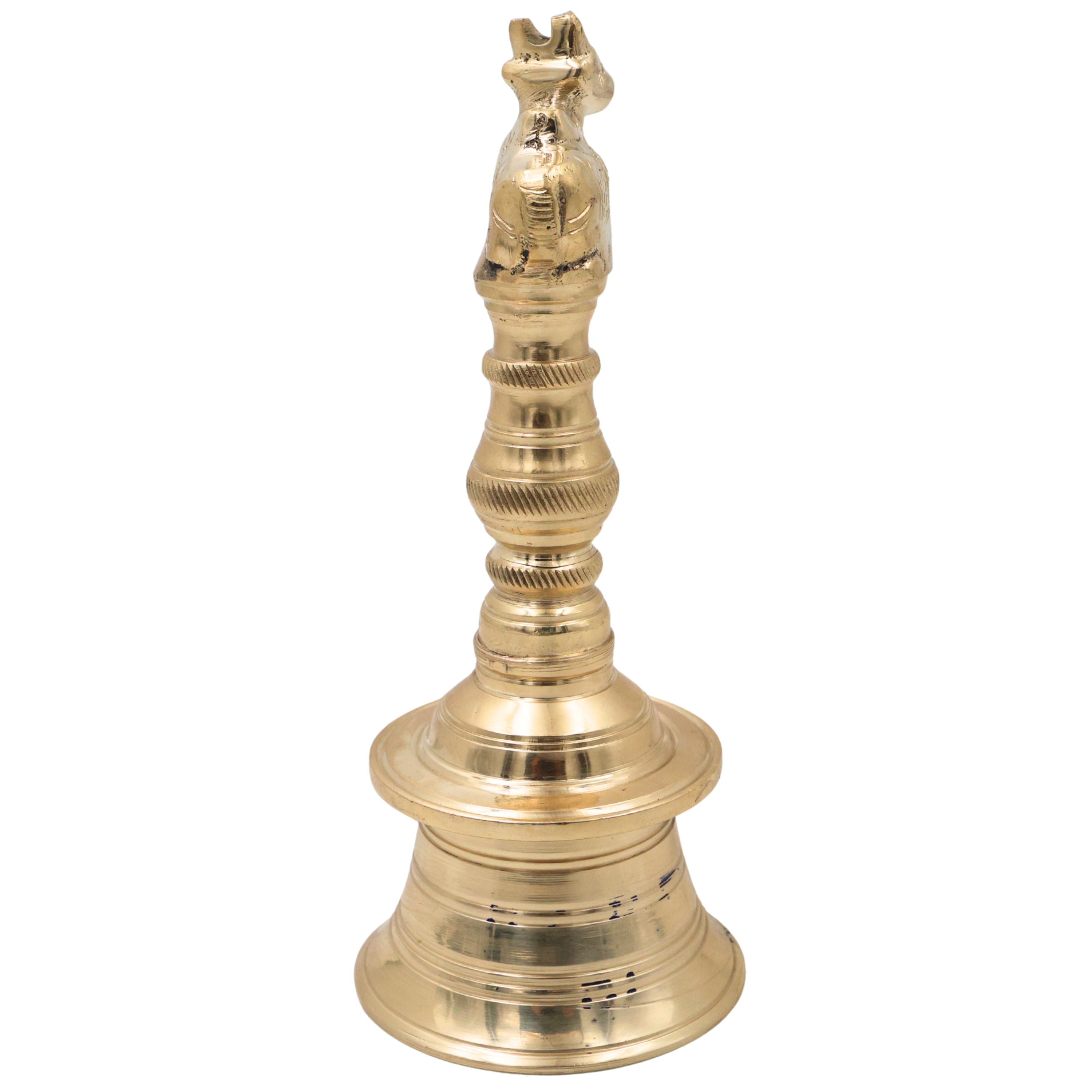 Brass Nandi Bull Bell Ghanti, Basava Vrishabha Nandikeshwara Bail Peetal Pooja Bell, Sacred Cow Cattle Temple Hanging Bell for Home Mandir Decor, Gold, 6.5 Inch, 1 Piece