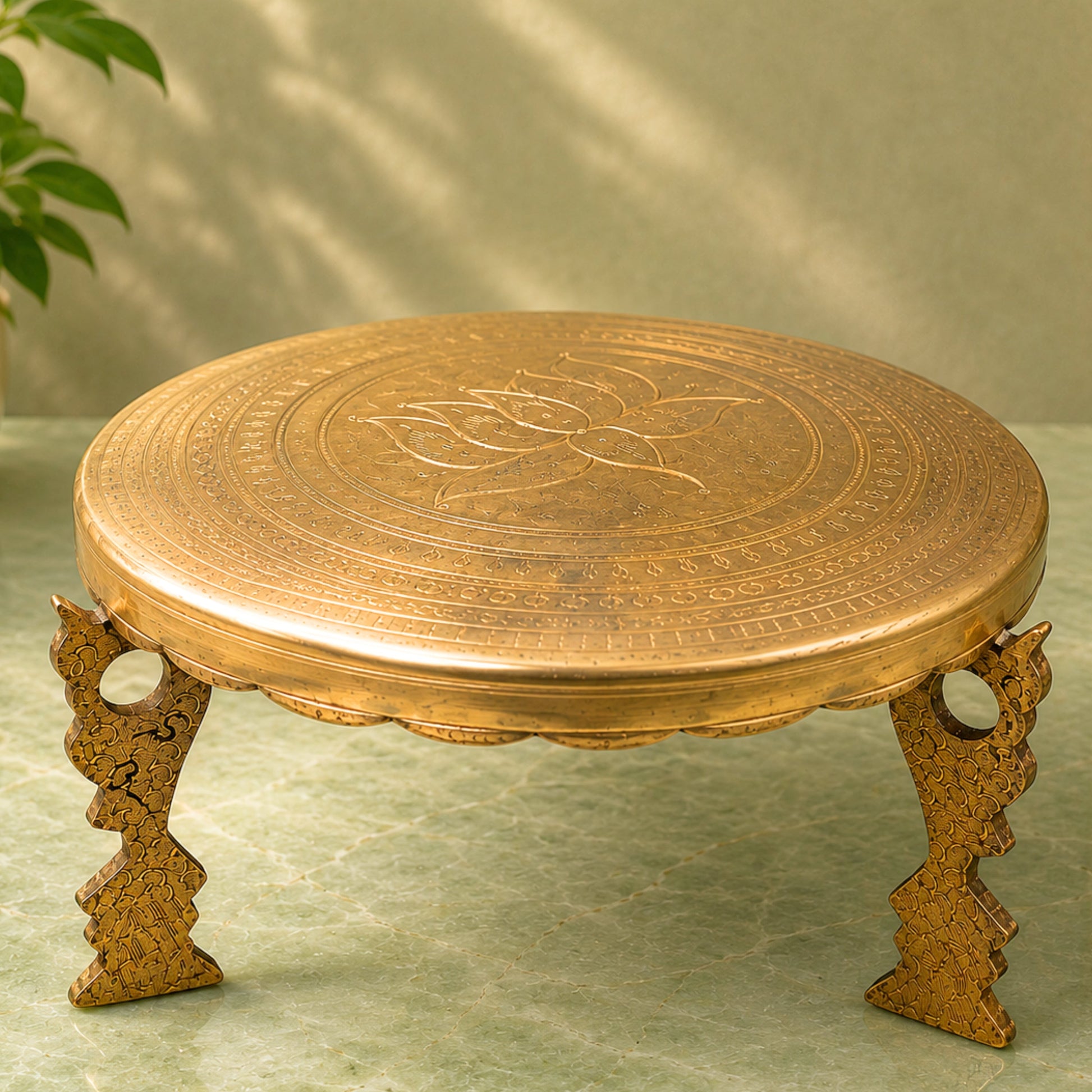 Brass Pooja Chowki for Home Temple Decor, Peetal Bajot Peetham Patla Dev Peeth Simhasanam Murti Aasan Traditional Handcrafted Platform, Gold, 6.5 Inch, 1 Piece