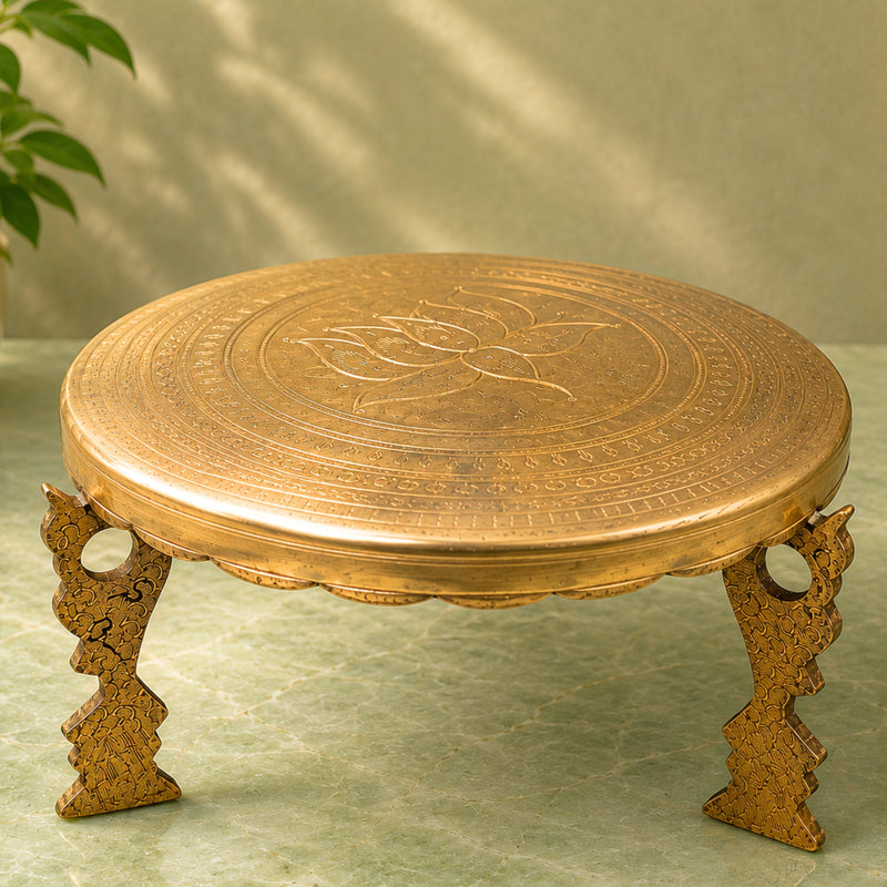 Brass Pooja Chowki for Home Temple Decor, Peetal Bajot Peetham Patla Dev Peeth Simhasanam Murti Aasan Traditional Handcrafted Platform, Gold, 6.5 Inch, 1 Piece